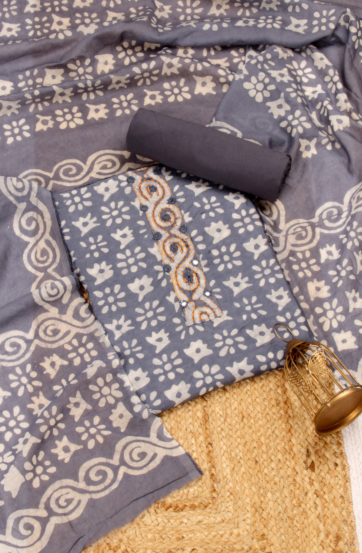 Grey Chanderi Cotton Unstitched Printed Salwar Dress Material - PFSCOT1209C