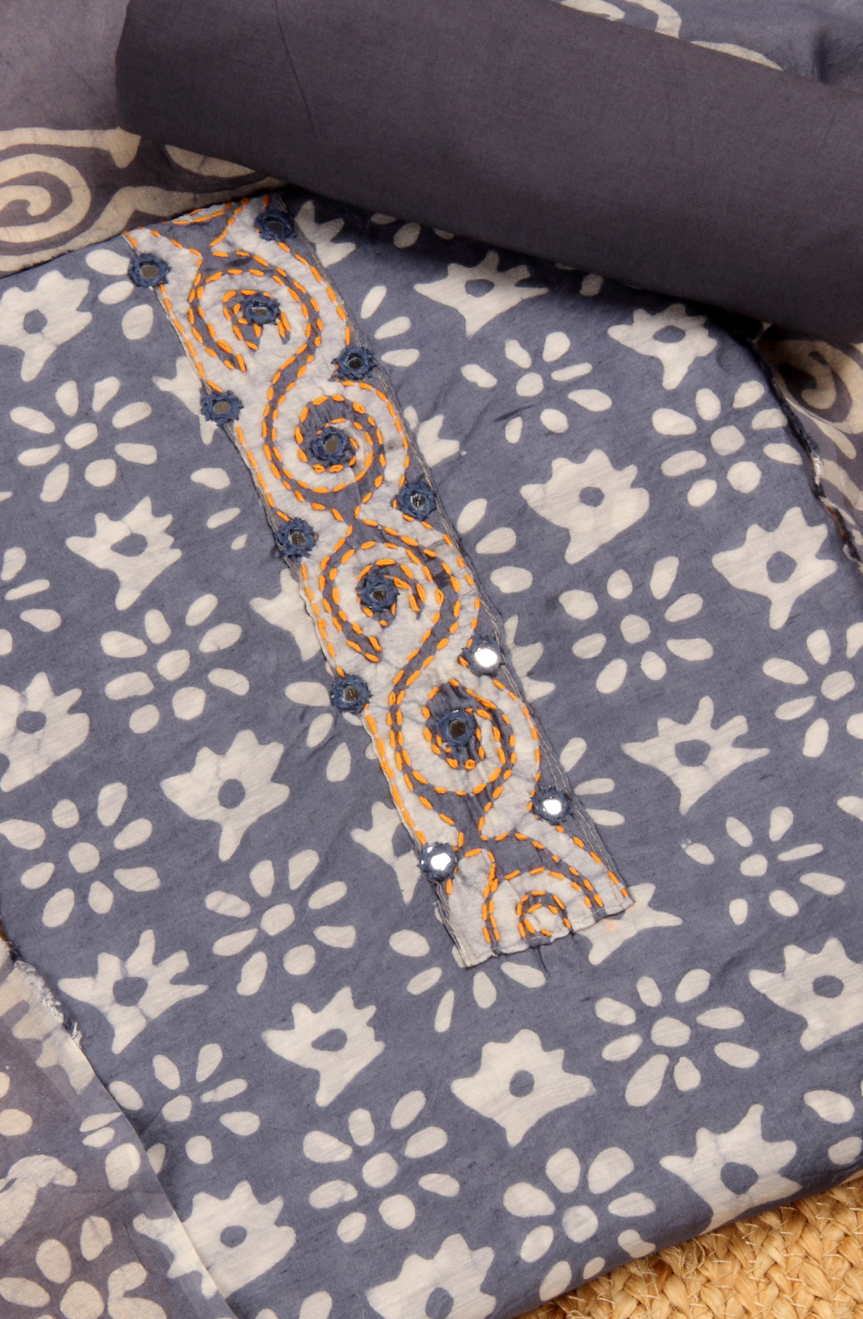 Grey Chanderi Cotton Unstitched Printed Salwar Dress Material - PFSCOT1209C