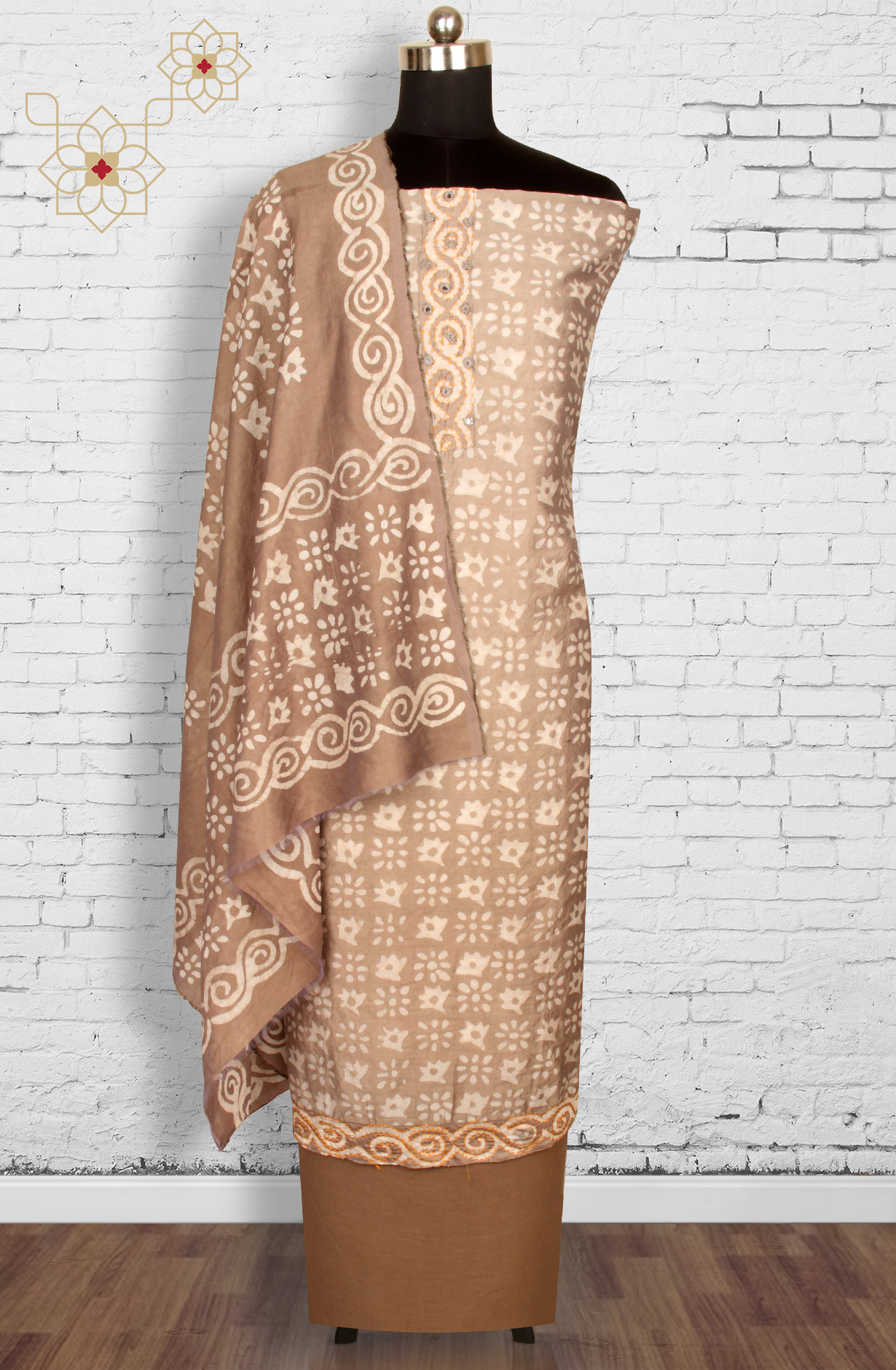 Beige Chanderi Cotton Unstitched Printed Salwar Dress Material - PFSCOT1209D