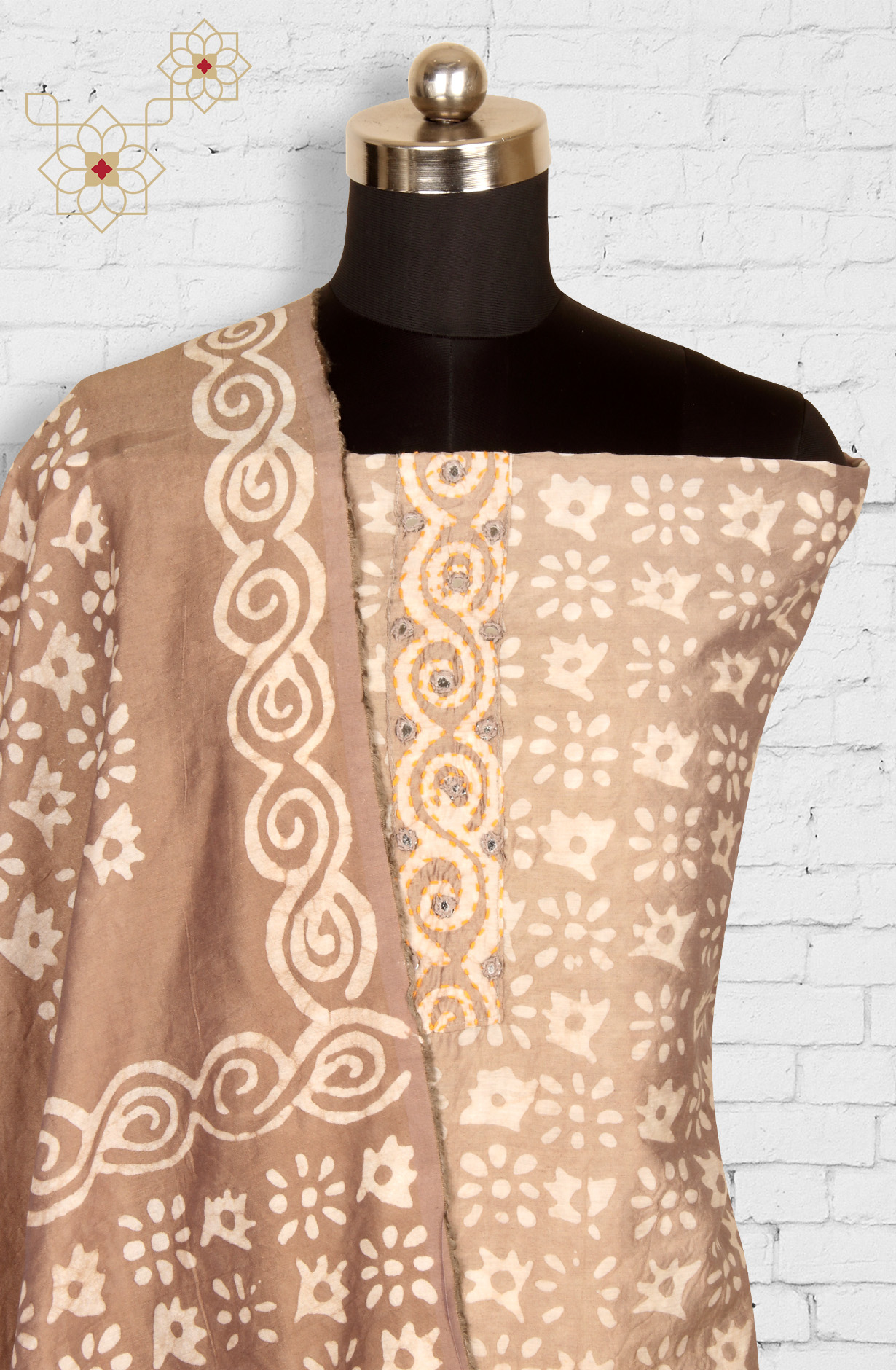 Beige Chanderi Cotton Unstitched Printed Salwar Dress Material - PFSCOT1209D