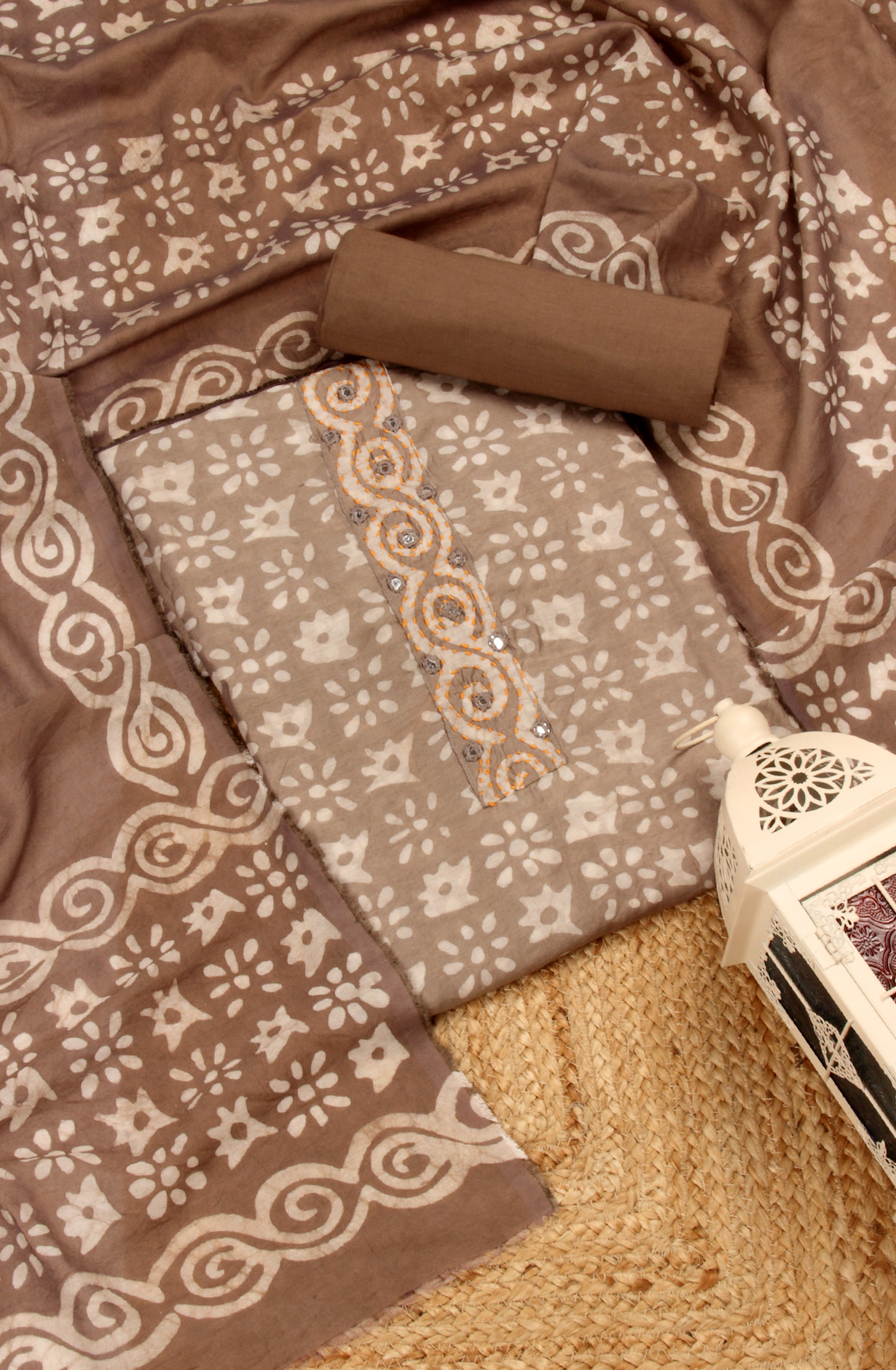 Beige Chanderi Cotton Unstitched Printed Salwar Dress Material - PFSCOT1209D