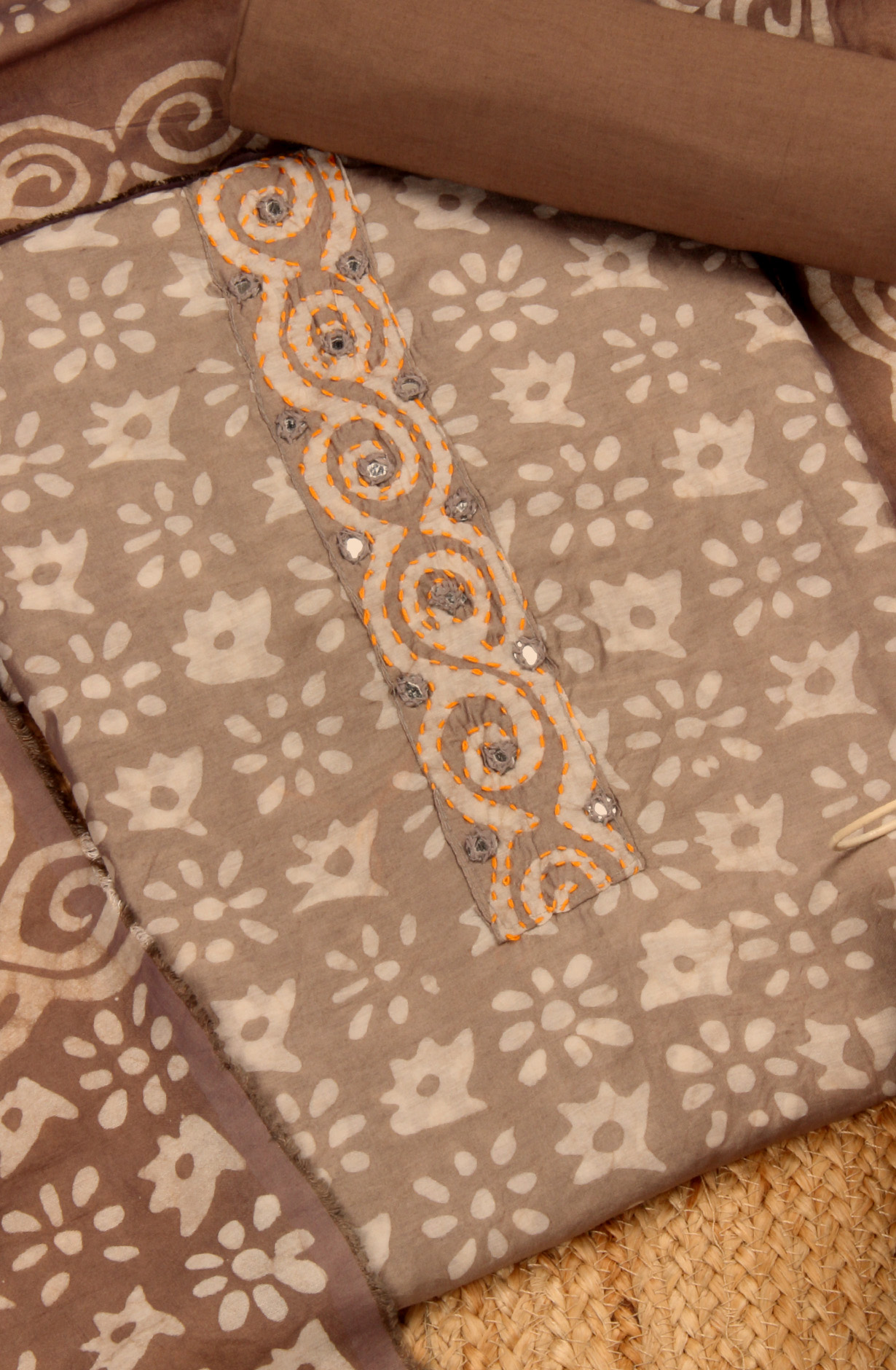 Beige Chanderi Cotton Unstitched Printed Salwar Dress Material - PFSCOT1209D