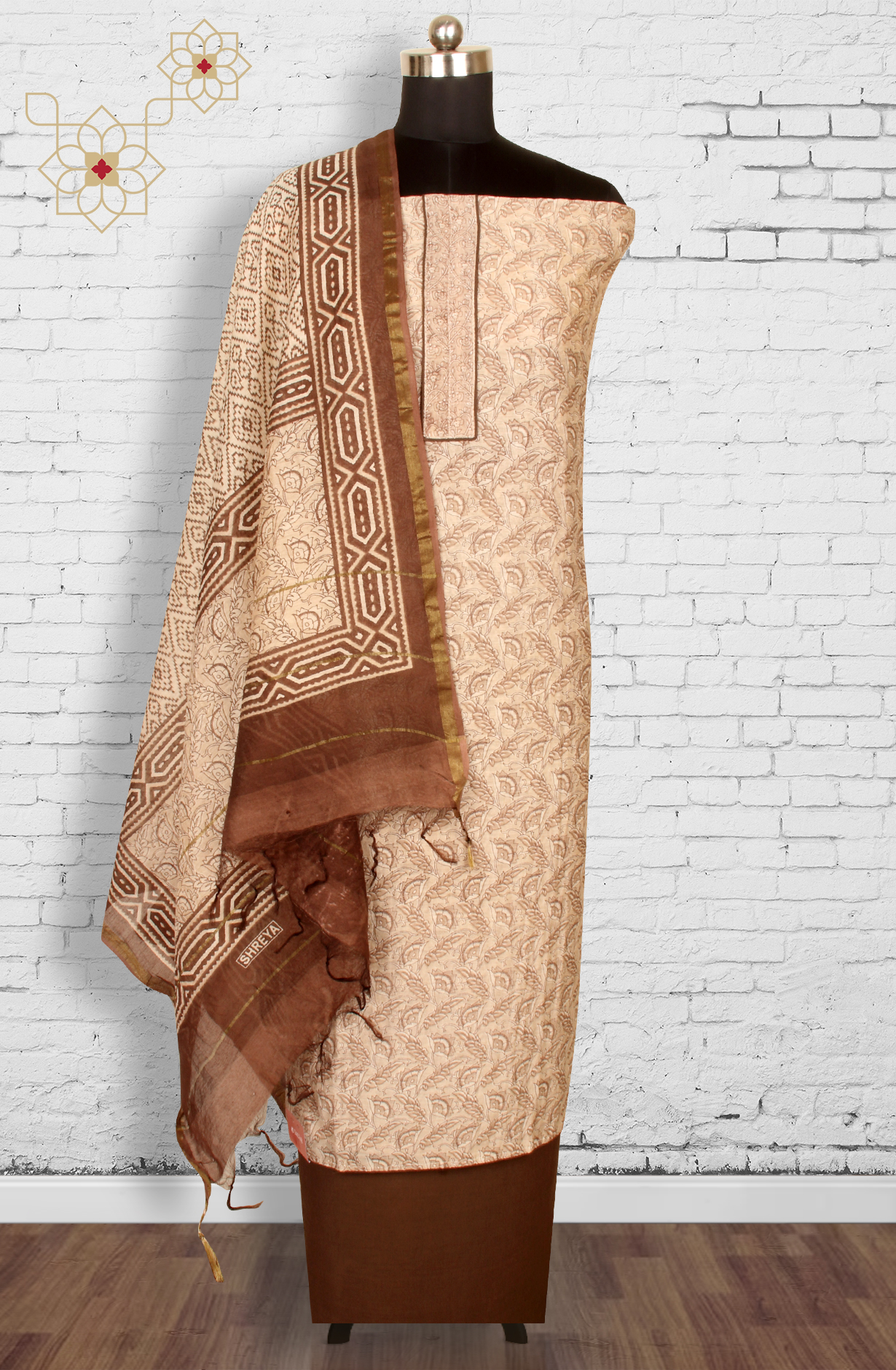 Beige Chanderi Unstitched Printed Salwar Dress Material - PFSCOT1210-1A