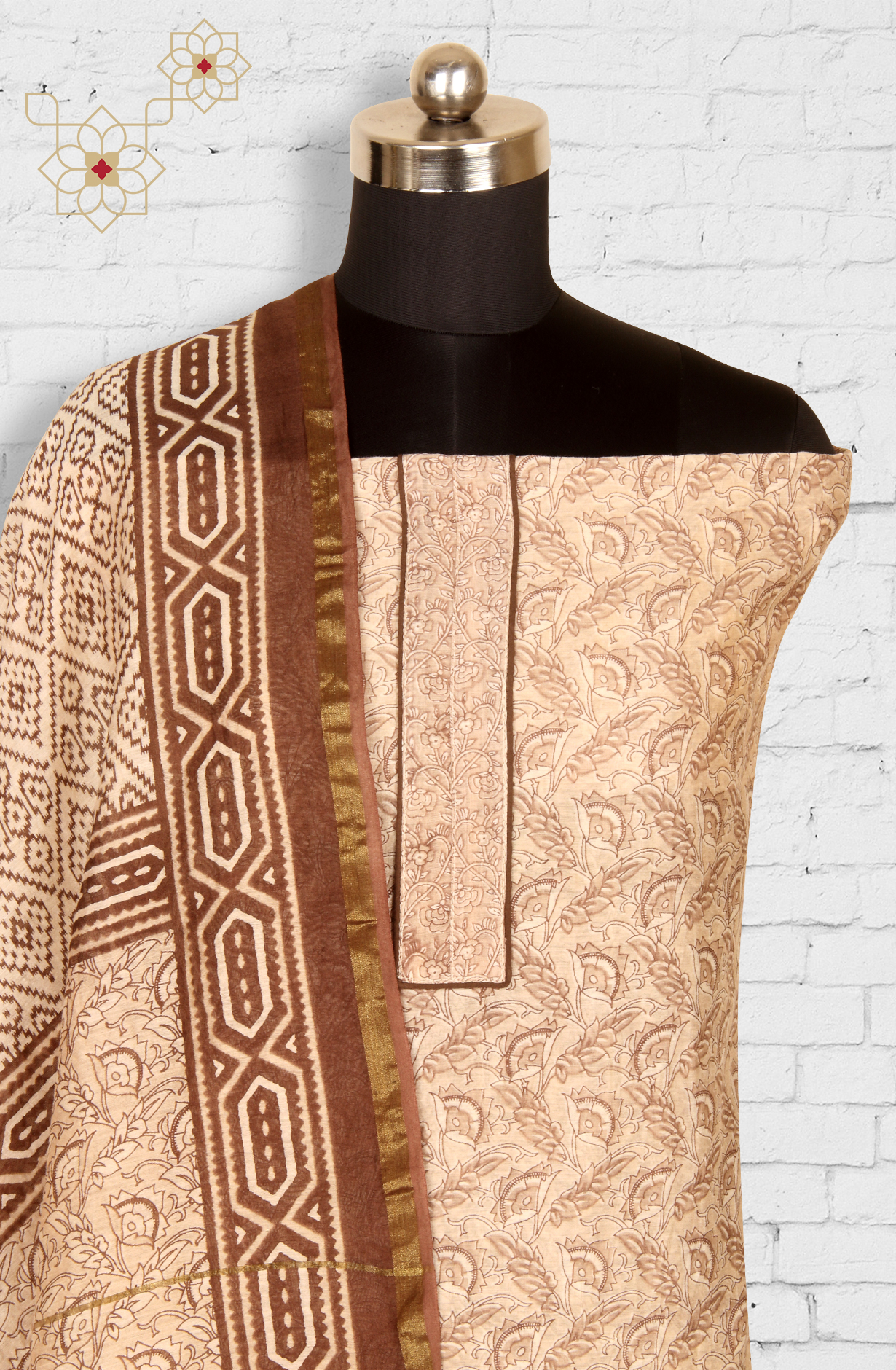 Beige Chanderi Unstitched Printed Salwar Dress Material - PFSCOT1210-1A