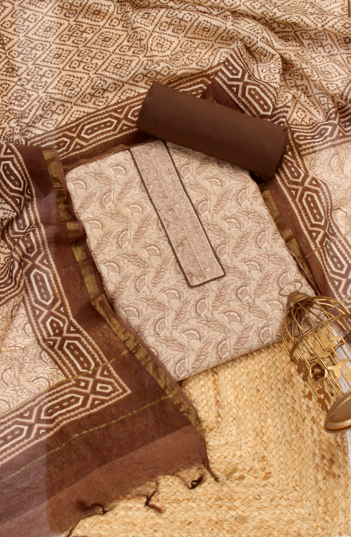 Beige Chanderi Unstitched Printed Salwar Dress Material - PFSCOT1210-1A