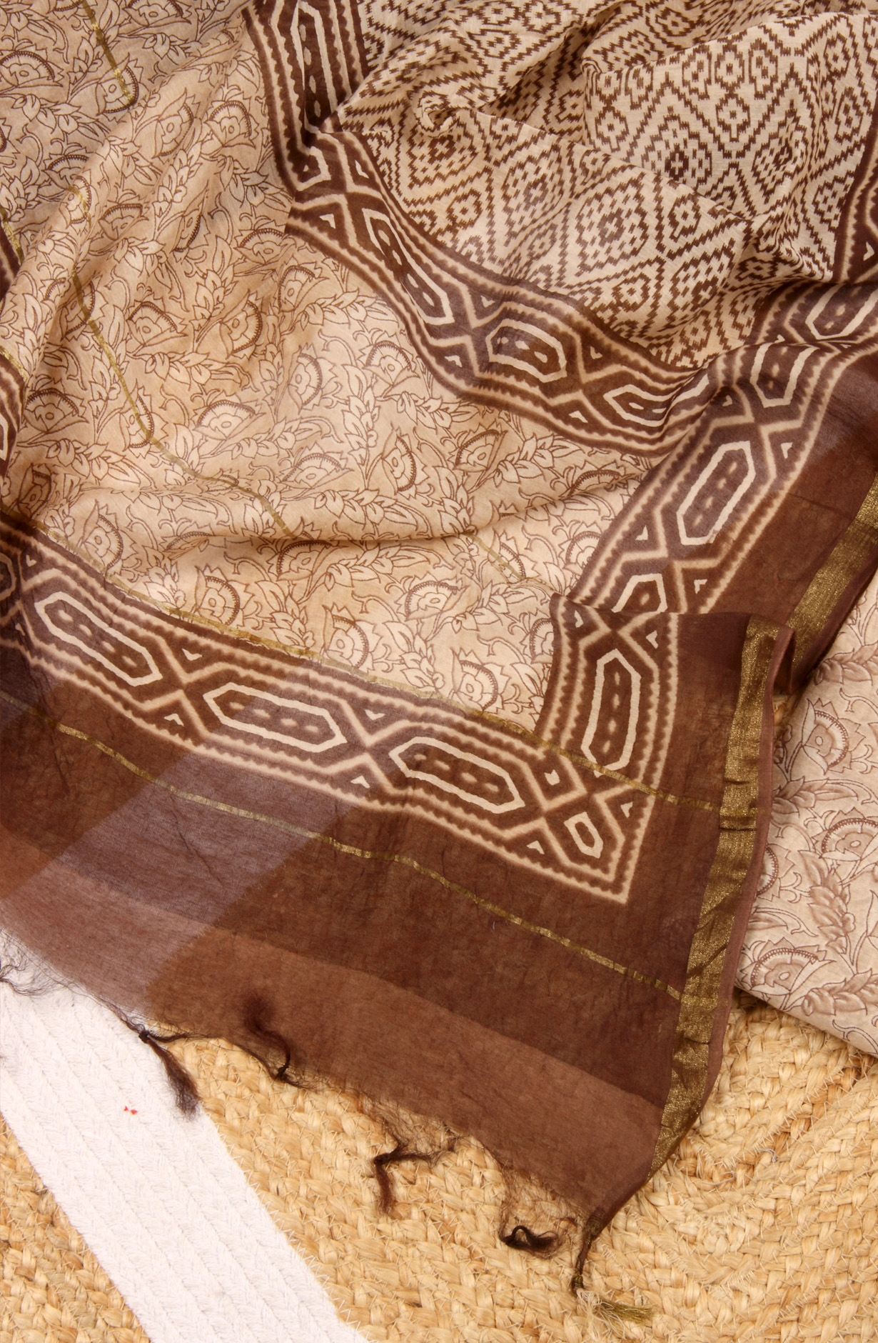 Beige Chanderi Unstitched Printed Salwar Dress Material - PFSCOT1210-1A