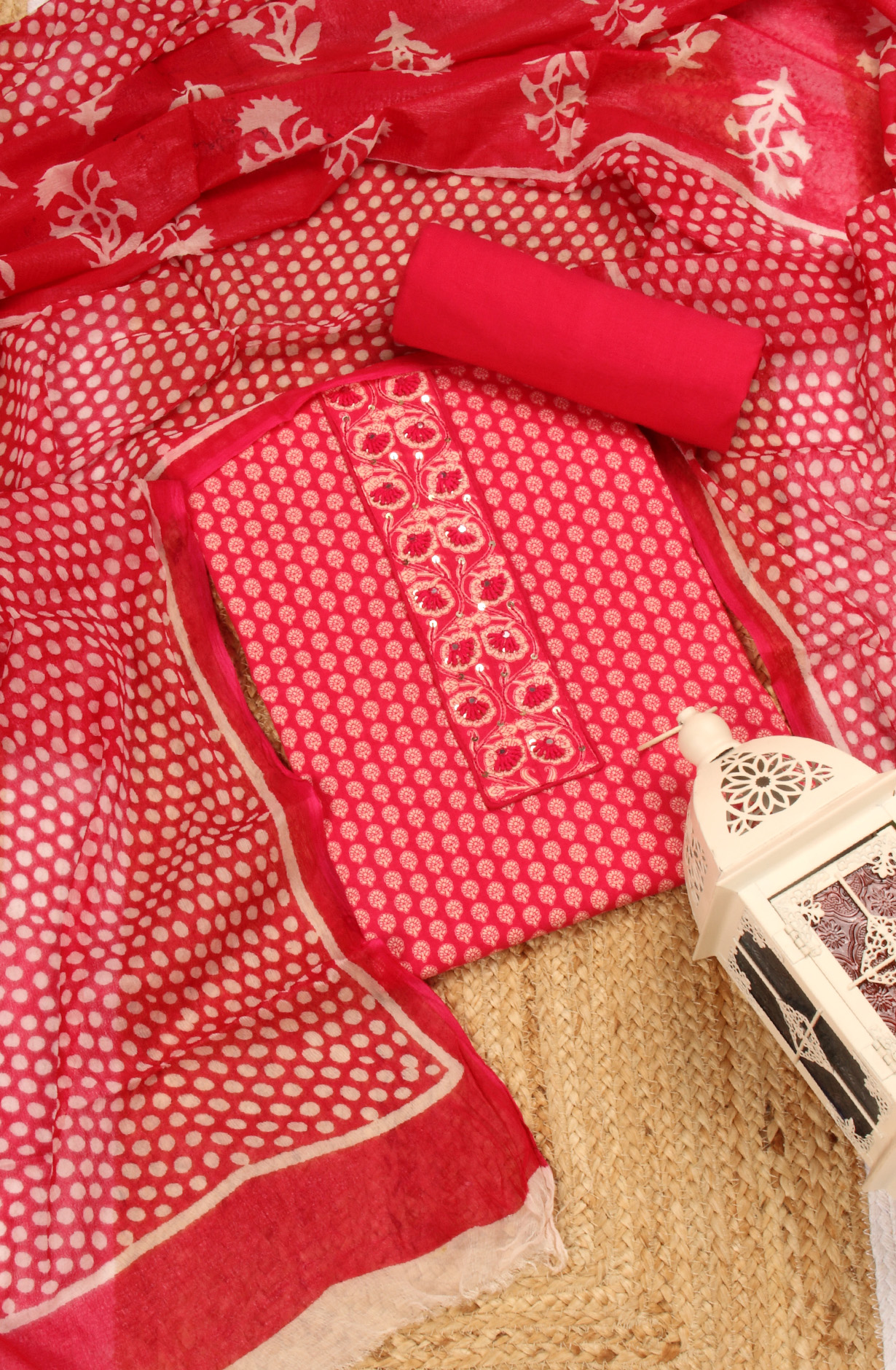 Pink Cotton Unstitched Printed Salwar Dress Material - PFSCOT1212-1A