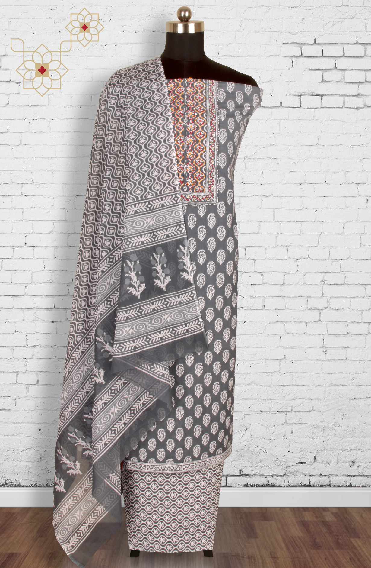 Grey Cotton Printed Salwar Suit with Dupatta - PFSCOT1213-1A