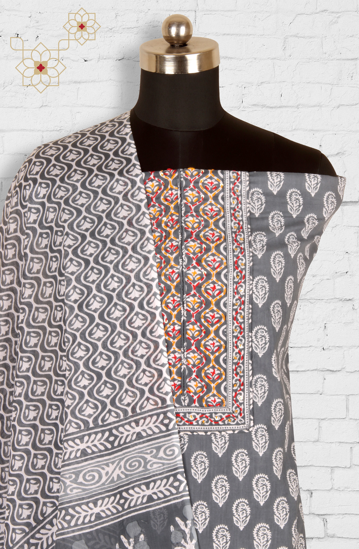 Grey Cotton Printed Salwar Suit with Dupatta - PFSCOT1213-1A