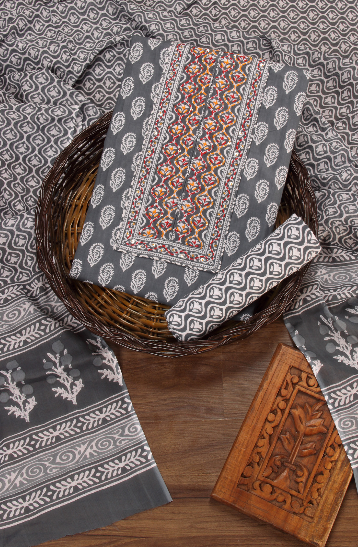 Grey Cotton Printed Salwar Suit with Dupatta - PFSCOT1213-1A