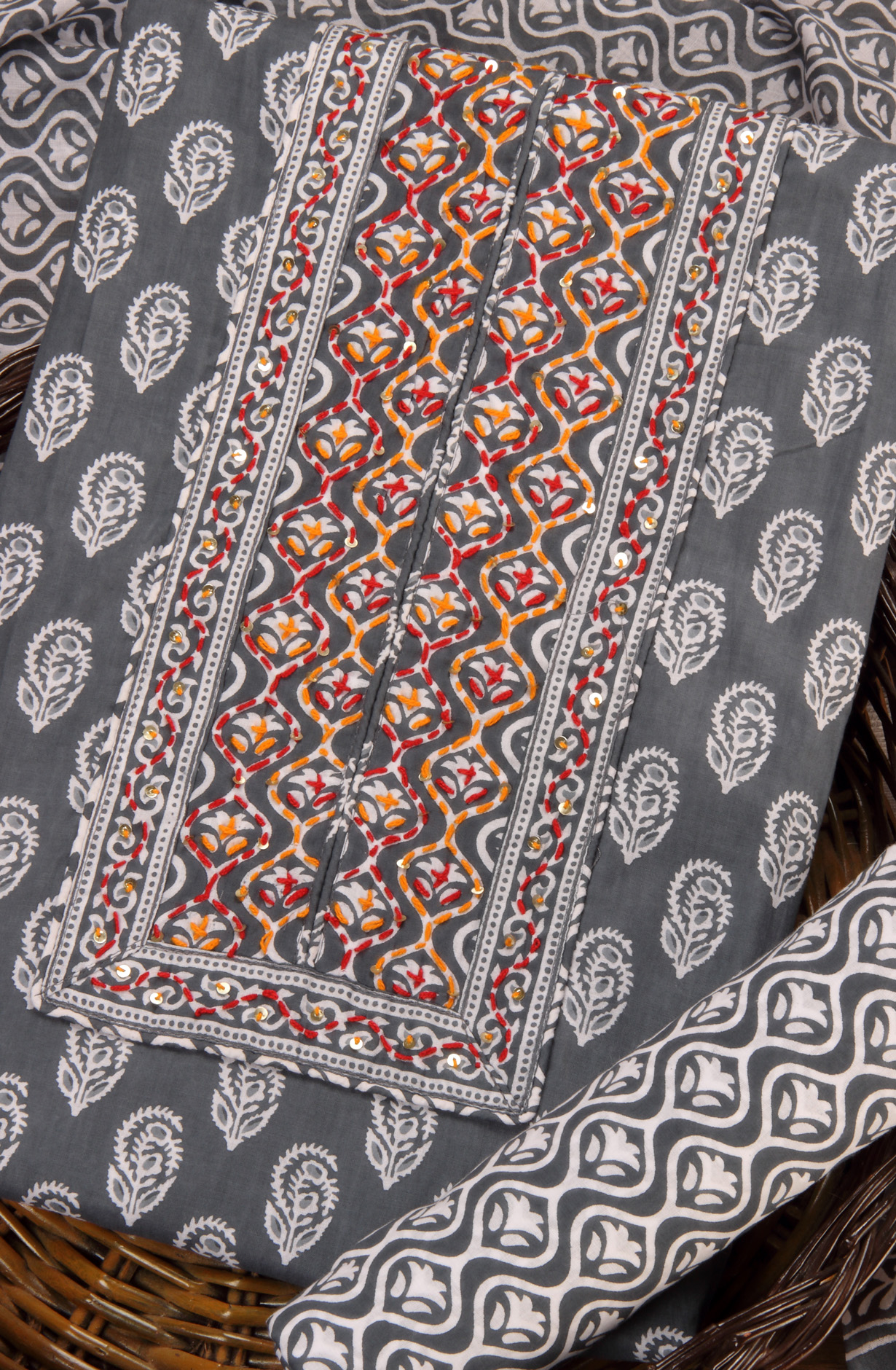 Grey Cotton Printed Salwar Suit with Dupatta - PFSCOT1213-1A