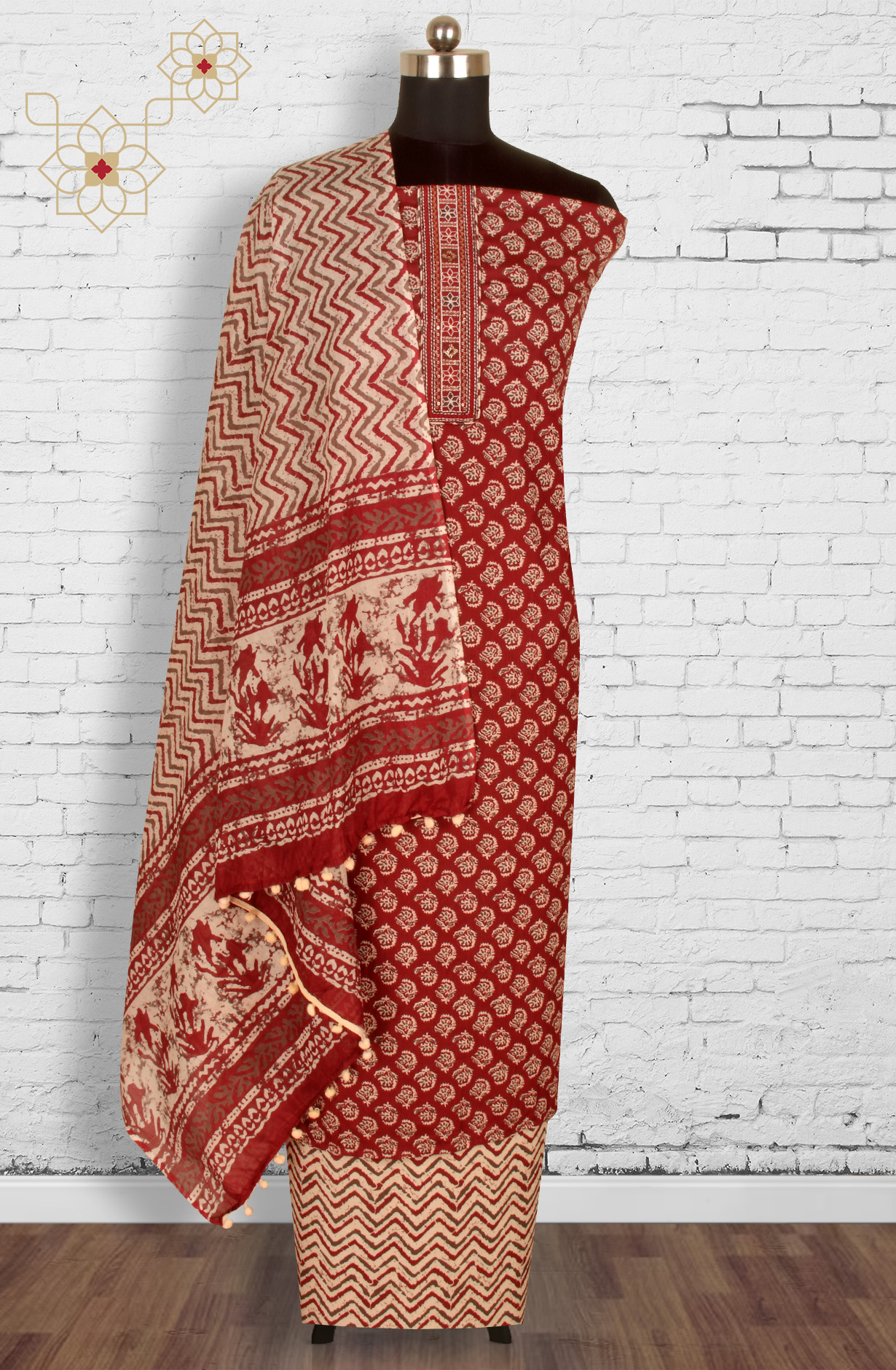 Maroon Cotton Printed Salwar Suit with Dupatta - PFSCOT1214-3A