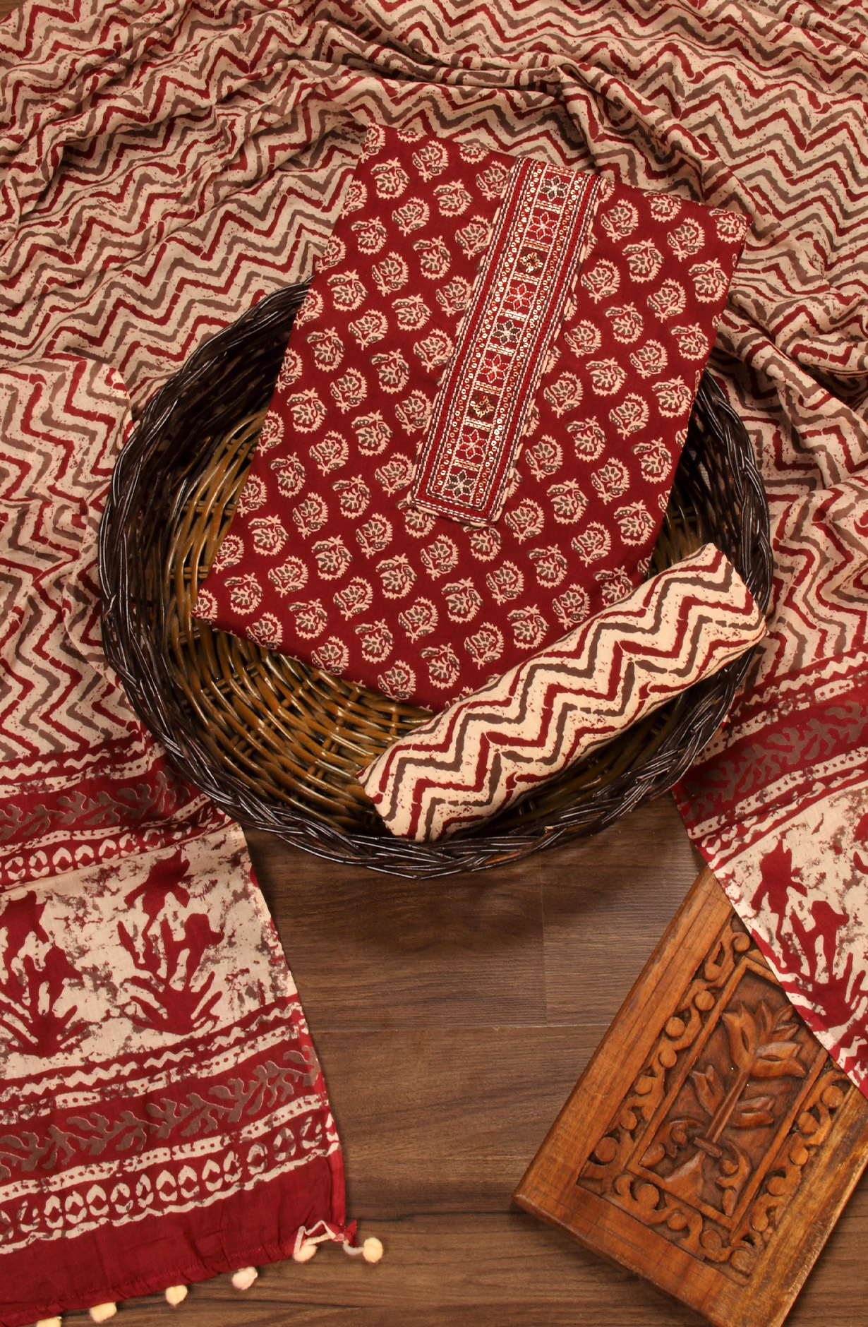 Maroon Cotton Printed Salwar Suit with Dupatta - PFSCOT1214-3A