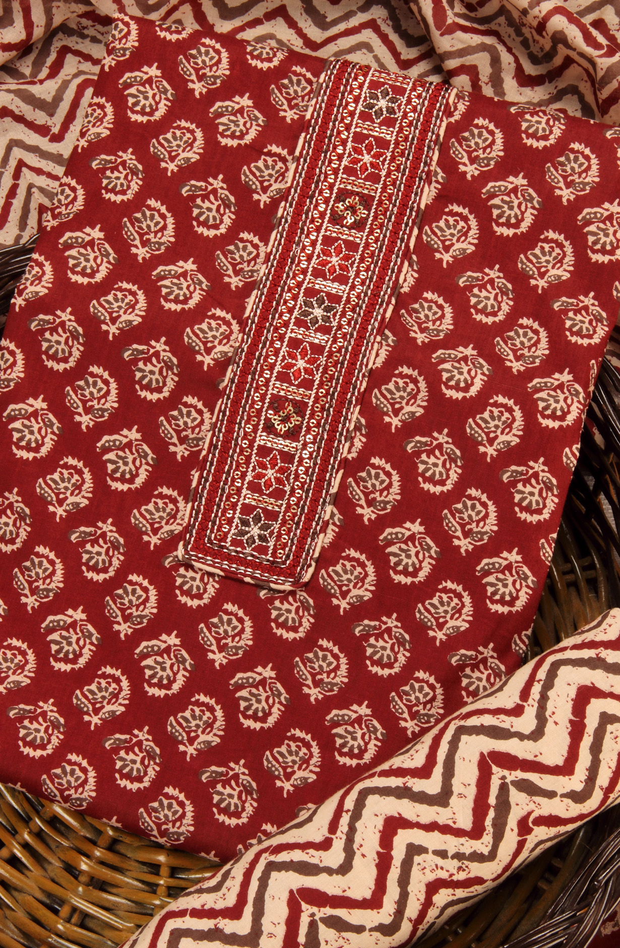 Maroon Cotton Printed Salwar Suit with Dupatta - PFSCOT1214-3A