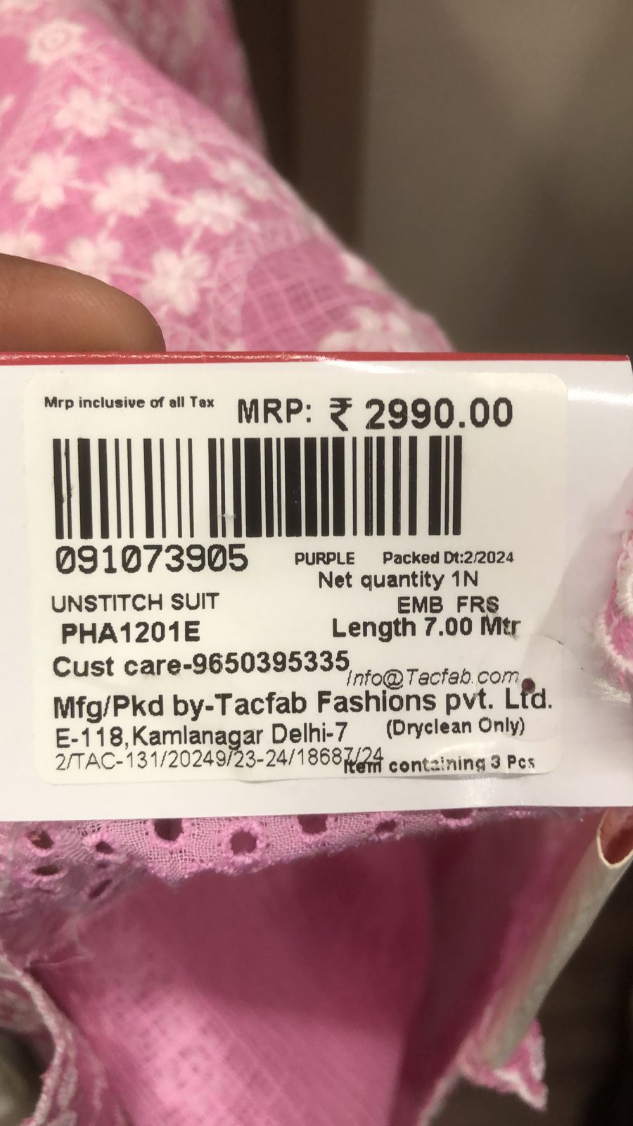 Baby Pink Kota Unstitched Embroidered Salwar Suit with Chiffon Dupatta - PHA1201E