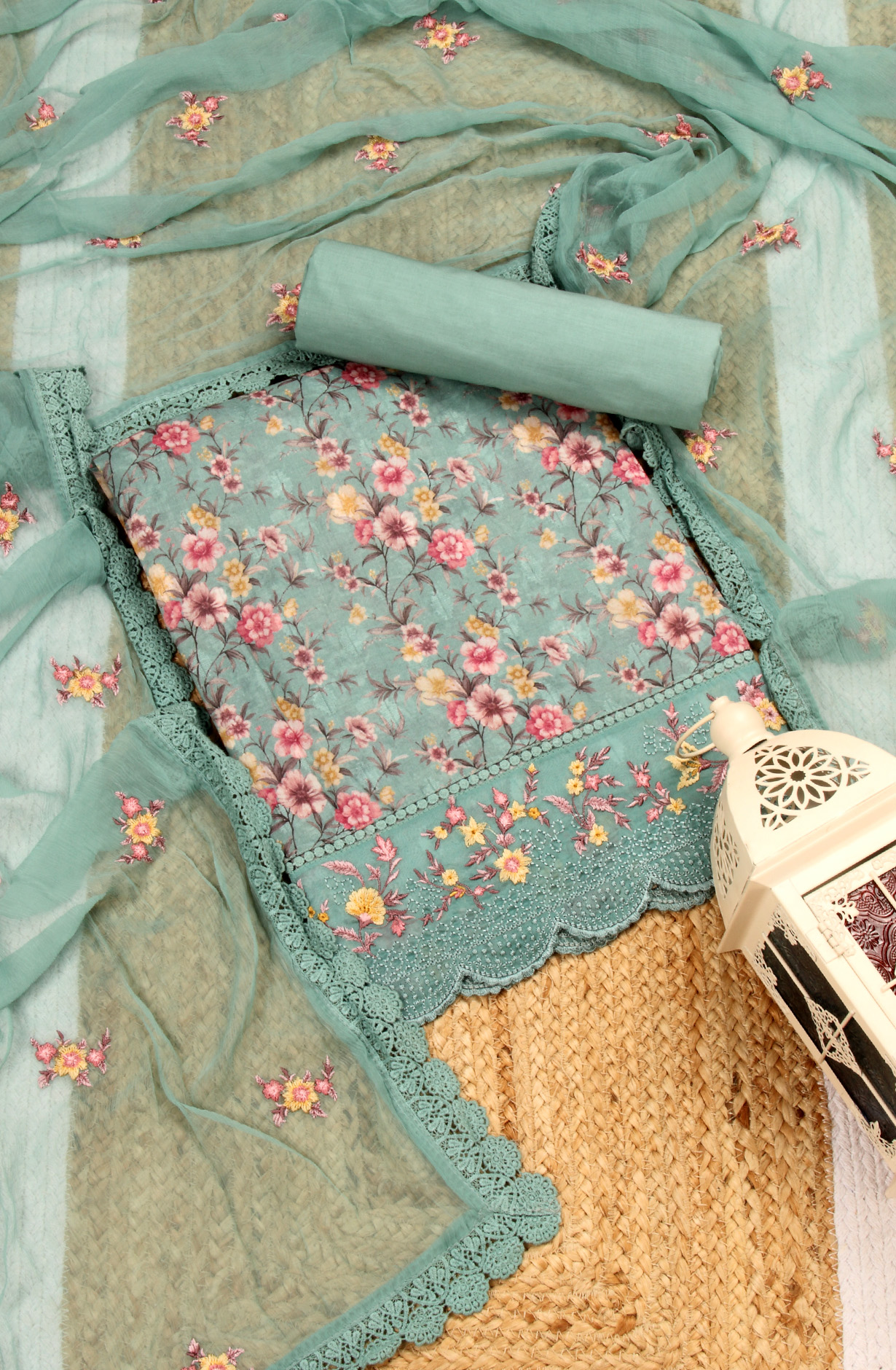 Green Exclusive Cotton Suit-sets with Chiffon Dupatta - PIA1953B