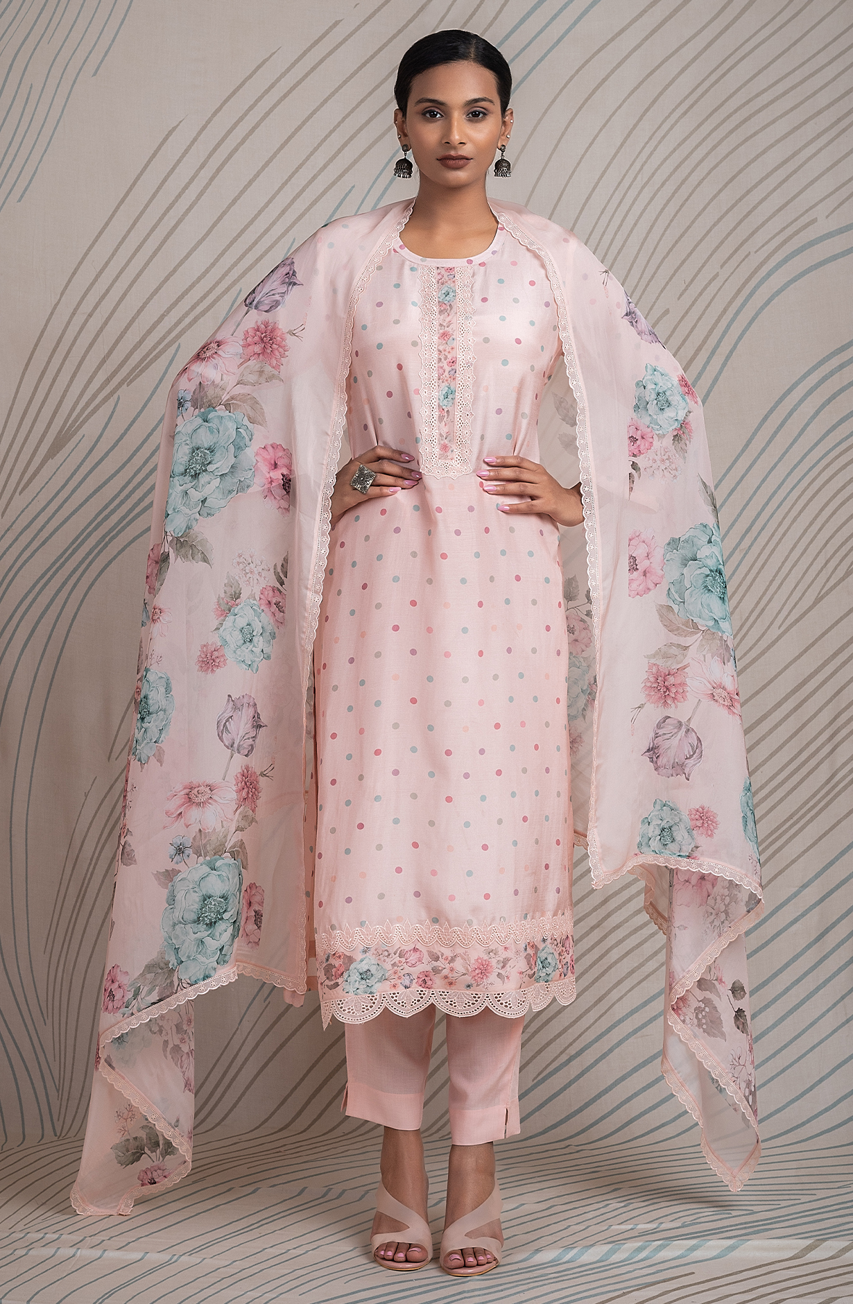 Peach Beautiful Pure Muslin Festive Salwar Kameez with Organza Dupatta - PID2171A