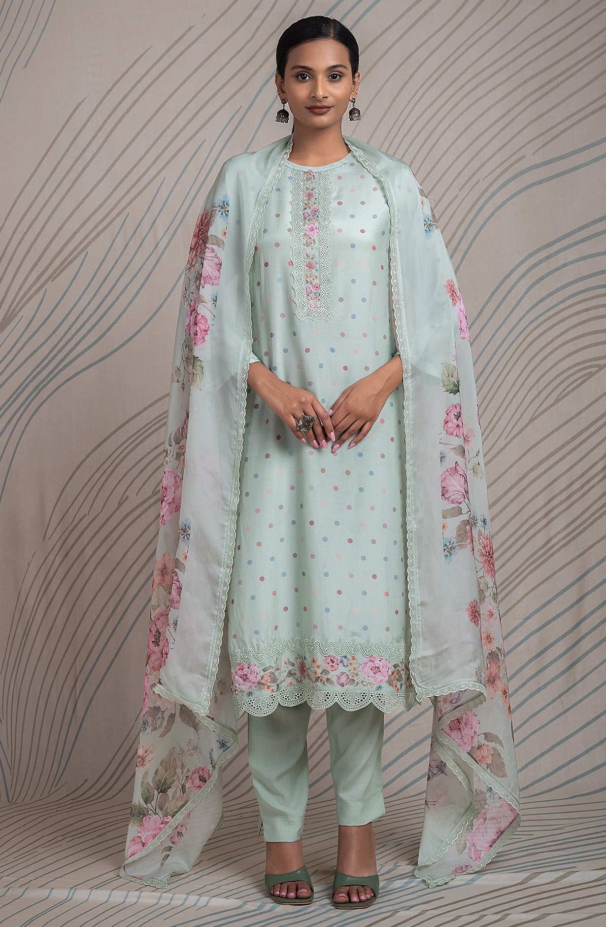 Sea Green Beautiful Pure Muslin Festive Salwar Kameez with Organza Dupatta - PID2171C