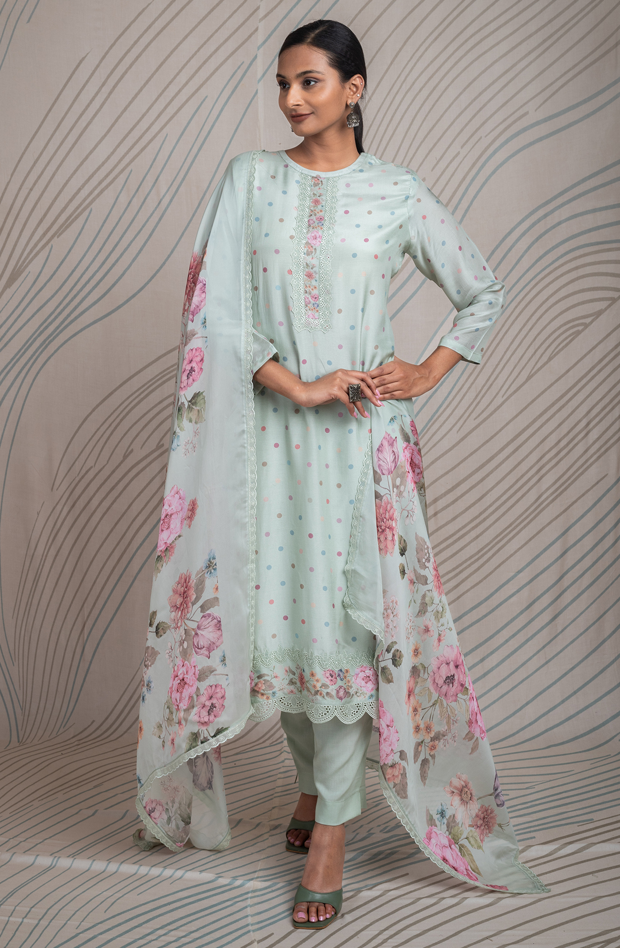 Sea Green Beautiful Pure Muslin Festive Salwar Kameez with Organza Dupatta - PID2171C