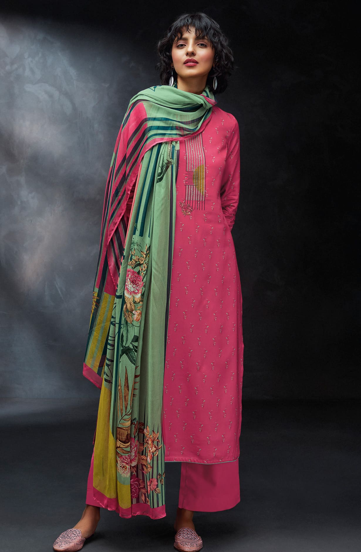 Pink Spun Winterwear Printed Unstitched Salwar Kameez - ANAS1211B