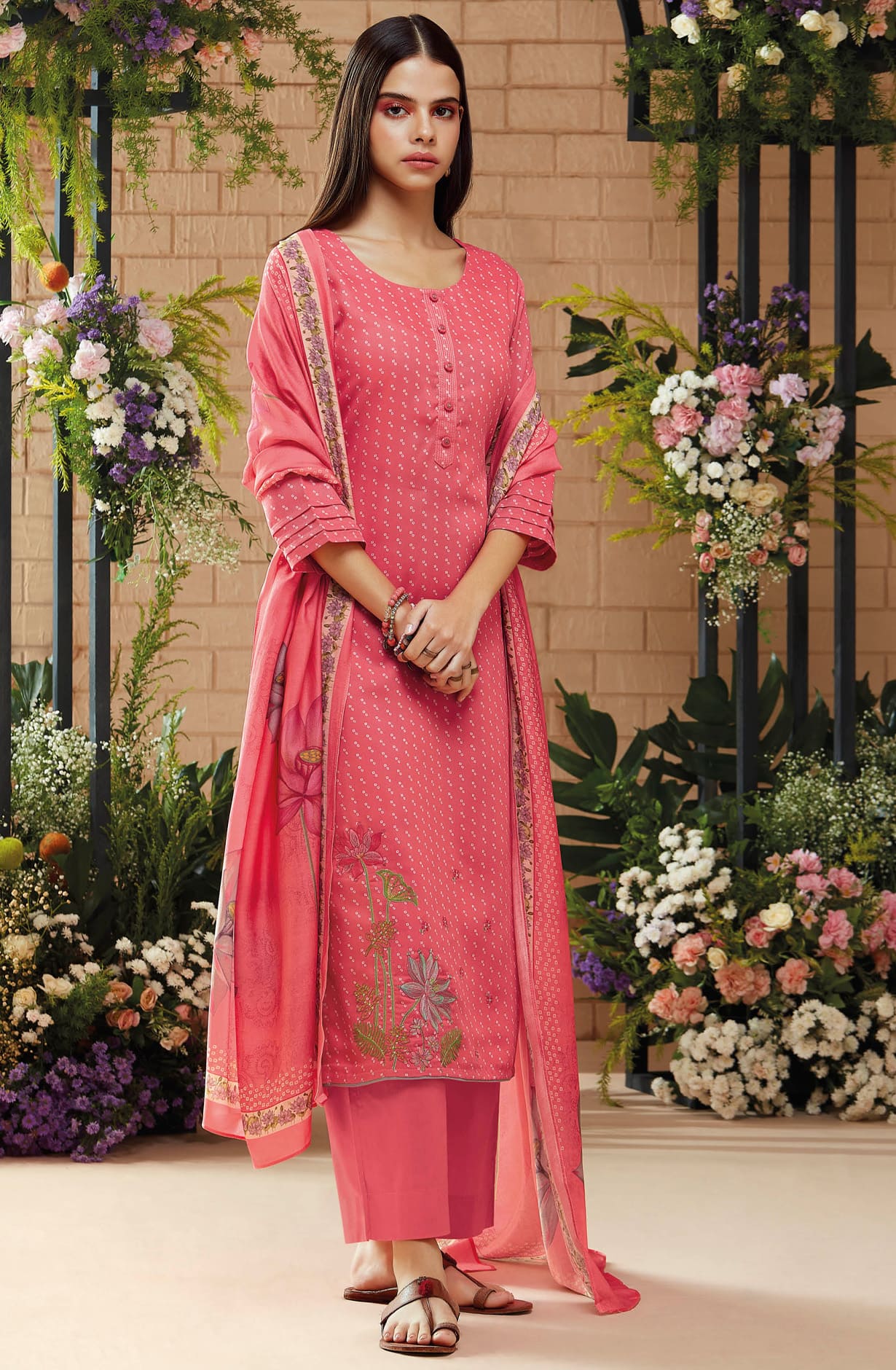 Pink Spun Winterwear Printed Unstitched Salwar Kameez - ANIC1177