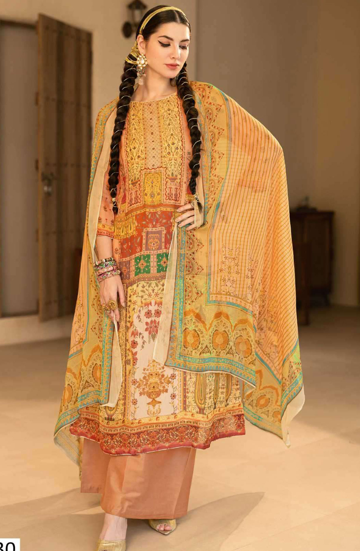 Orange Beautiful Organza Unstitched Salwar Suit with Chiffon Dupatta - POO2030