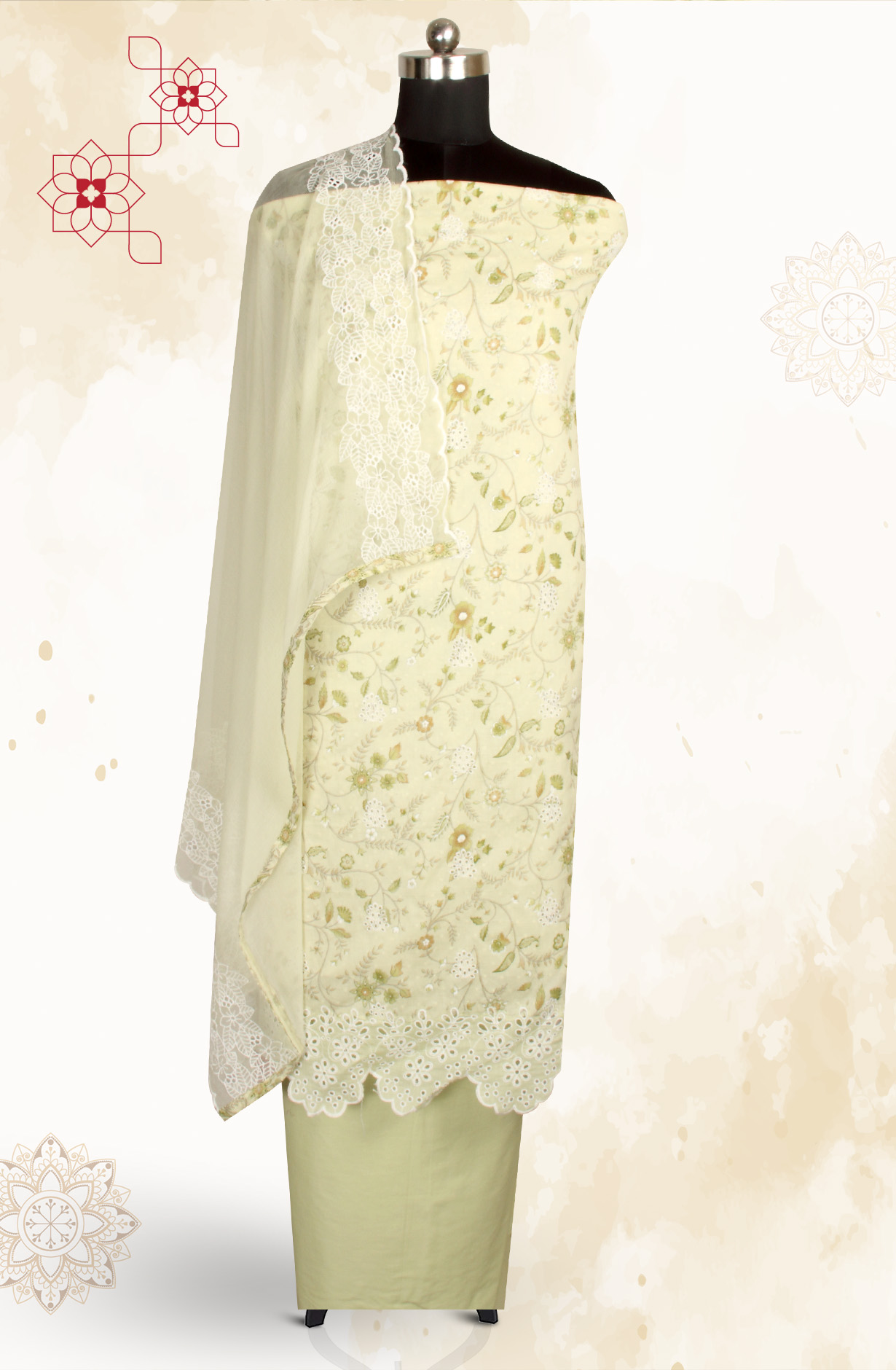 Pista Green Cotton Digital Printed with Schiffli Embroidery Suit with Chiffon Dupatta - PRAPIM2A