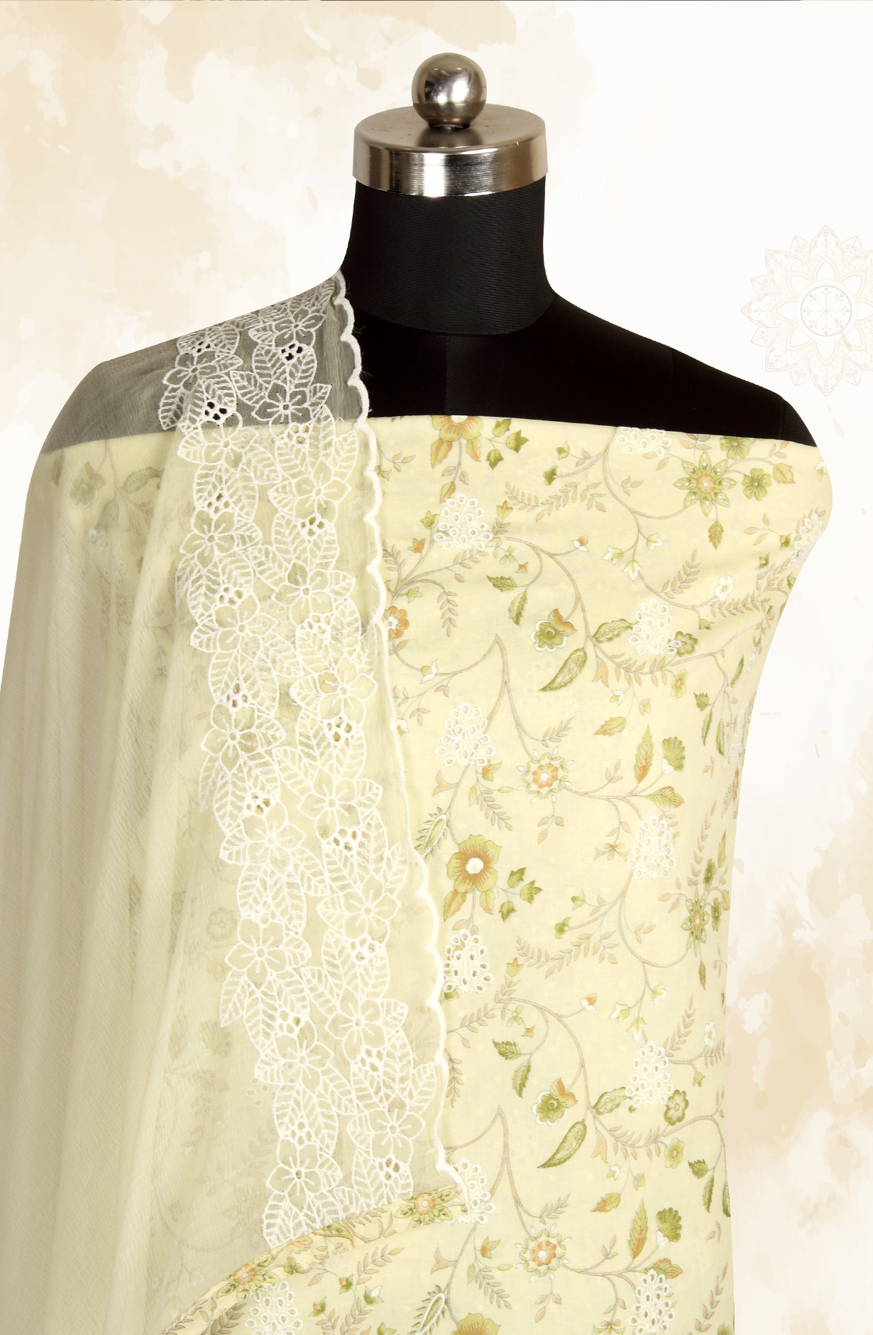 Pista Green Cotton Digital Printed with Schiffli Embroidery Suit with Chiffon Dupatta - PRAPIM2A