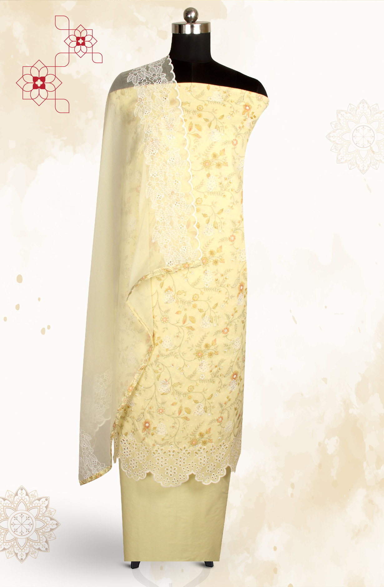 Yellow Cotton Digital Printed with Schiffli Embroidery Suit with Chiffon Dupatta - PRAPIM2B