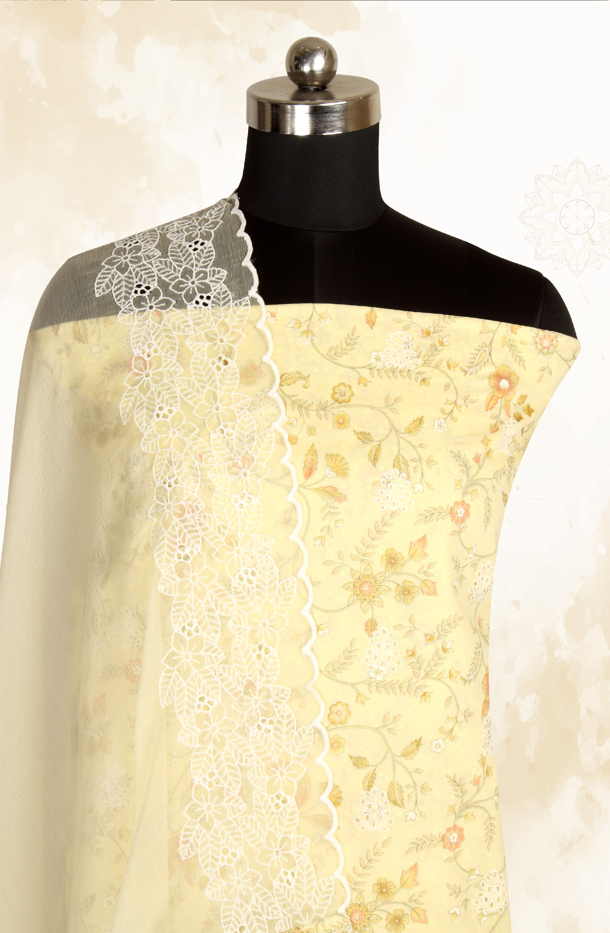 Yellow Cotton Digital Printed with Schiffli Embroidery Suit with Chiffon Dupatta - PRAPIM2B