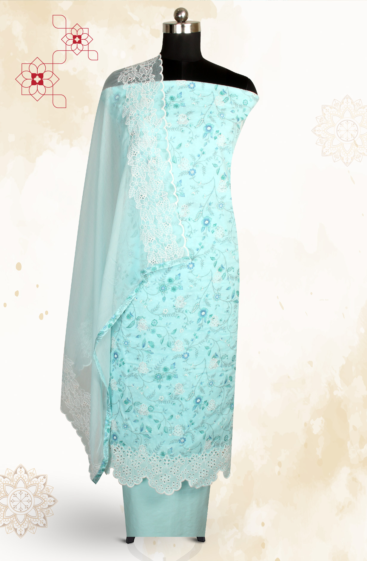 Aqua Cotton Digital Printed with Schiffli Embroidery Suit with Chiffon Dupatta - PRAPIM2C