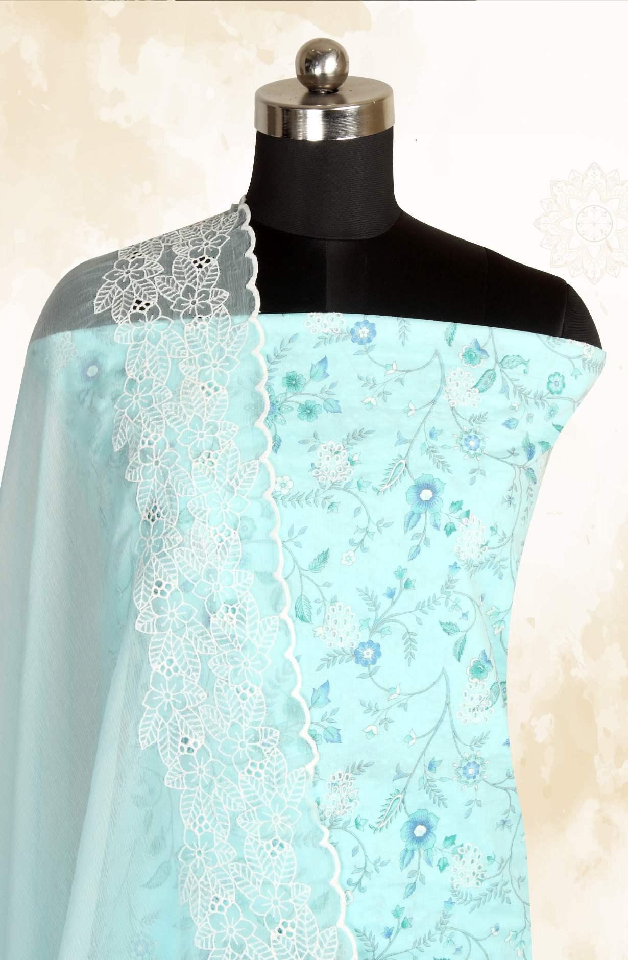 Aqua Cotton Digital Printed with Schiffli Embroidery Suit with Chiffon Dupatta - PRAPIM2C