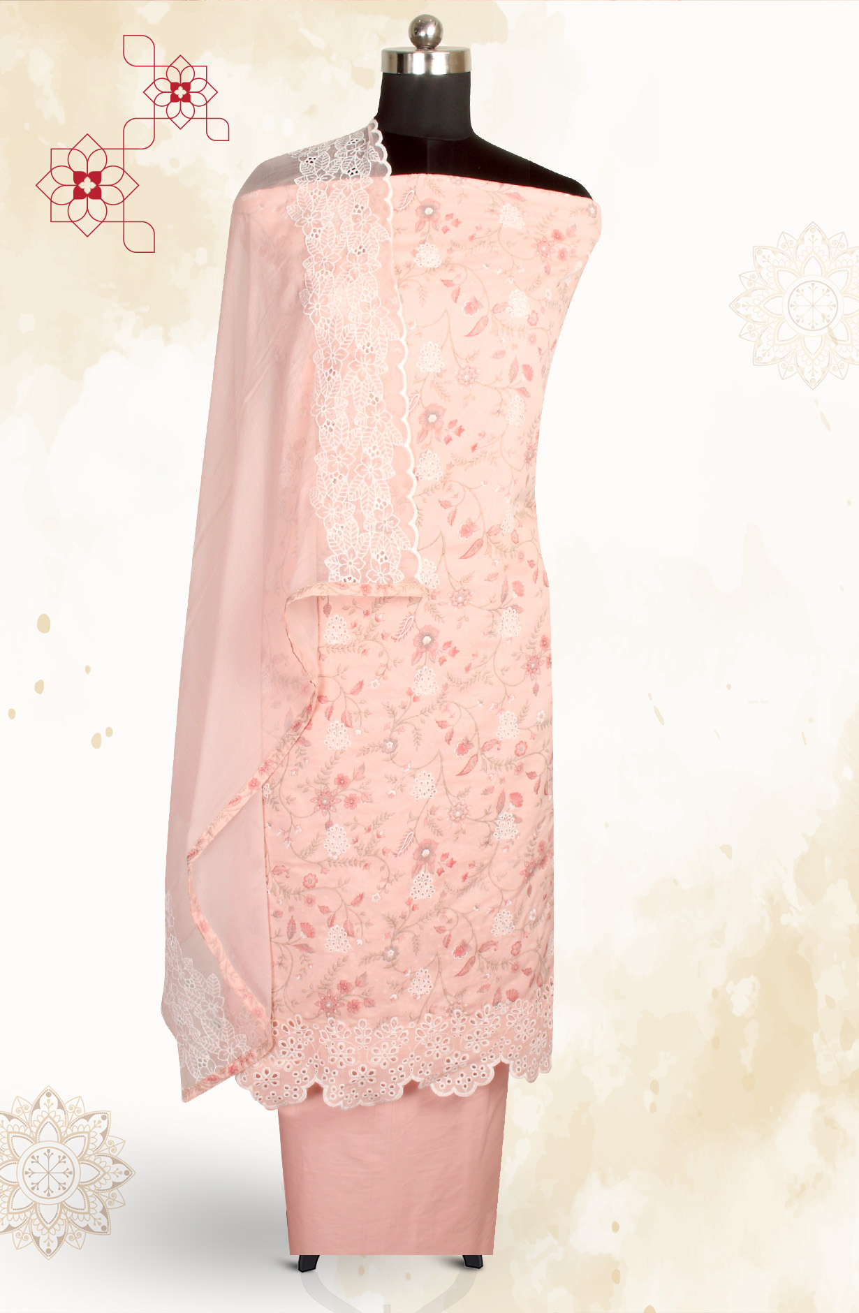 Pink Cotton Digital Printed with Schiffli Embroidery Suit with Chiffon Dupatta - PRAPIM2D