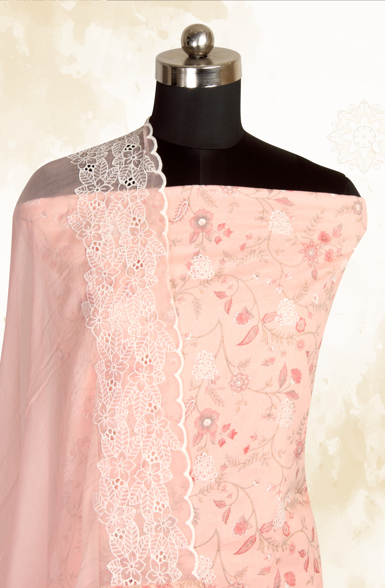 Pink Cotton Digital Printed with Schiffli Embroidery Suit with Chiffon Dupatta - PRAPIM2D