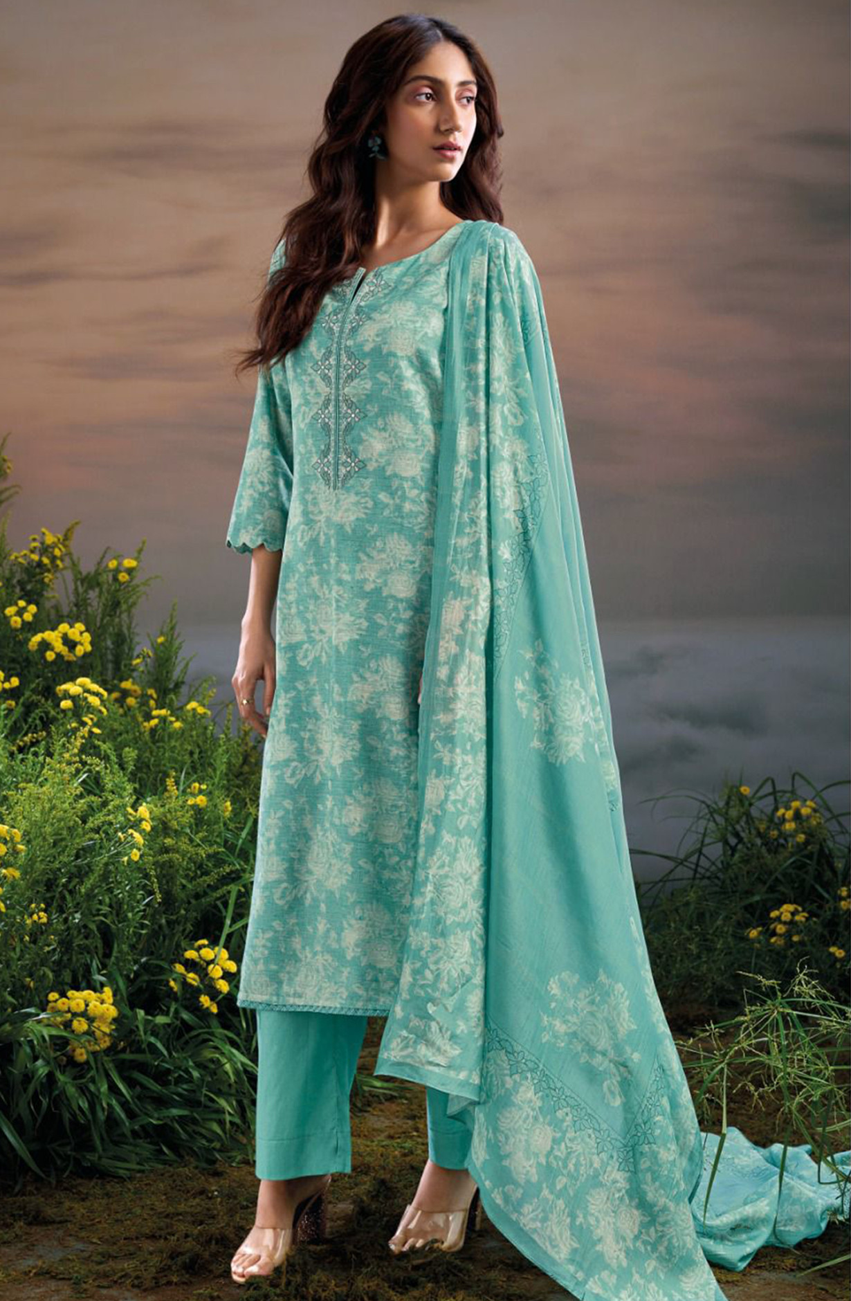 Firozee Linen Cotton Suit Set with Muslin Dupatta - PRAS2868B