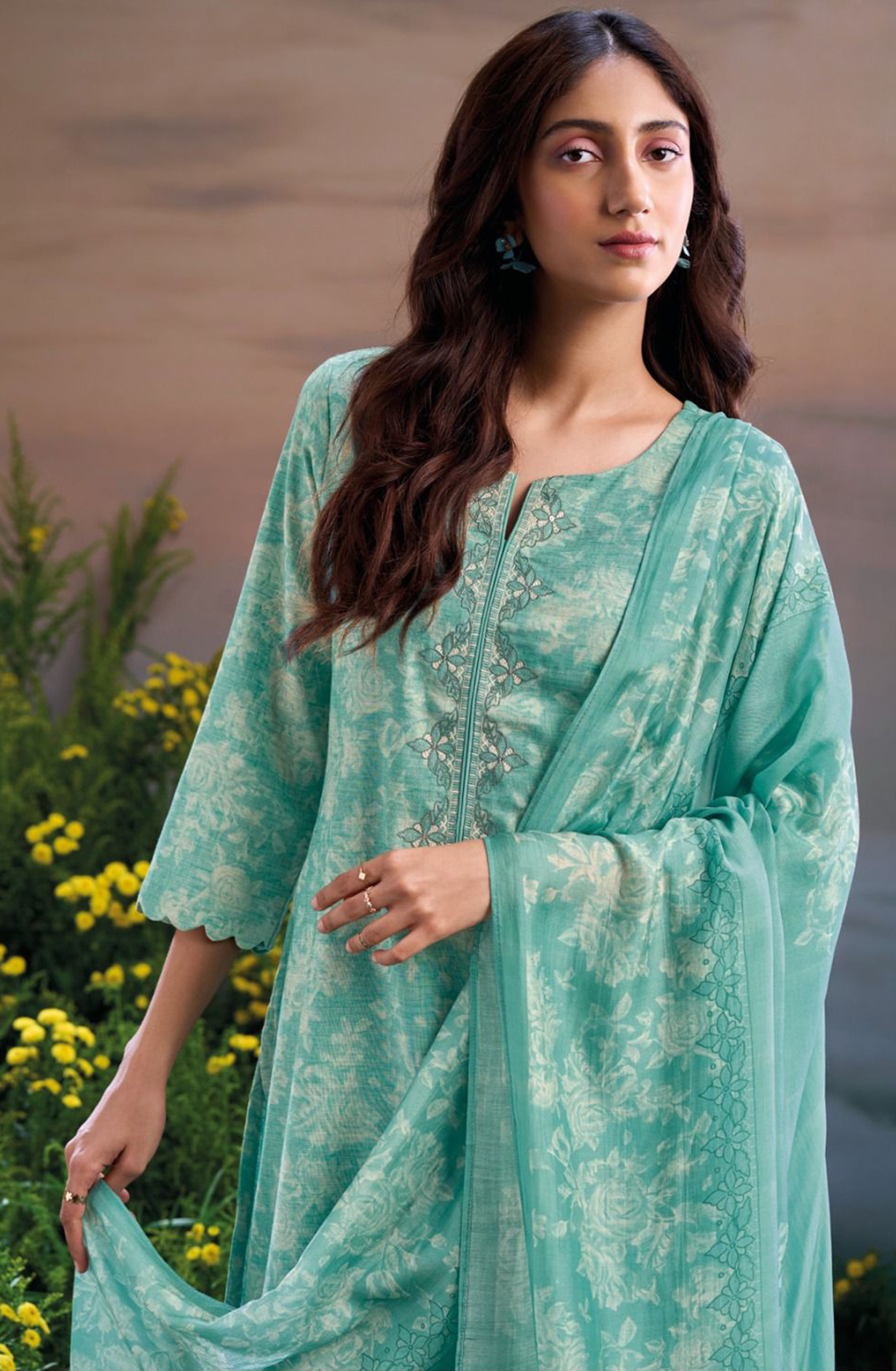 Firozee Linen Cotton Suit Set with Muslin Dupatta - PRAS2868B