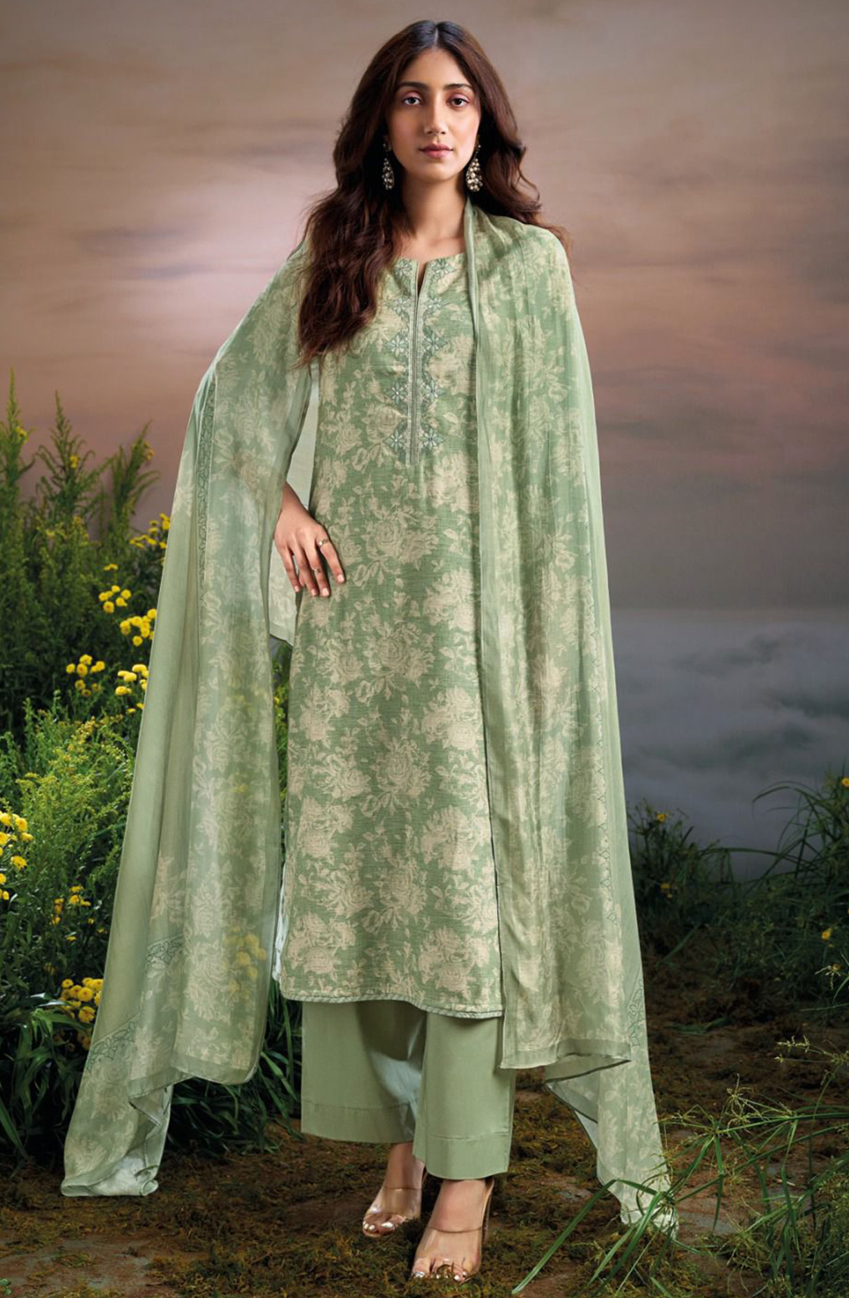 Green Linen Cotton Suit Set with Muslin Dupatta - PRAS2868C