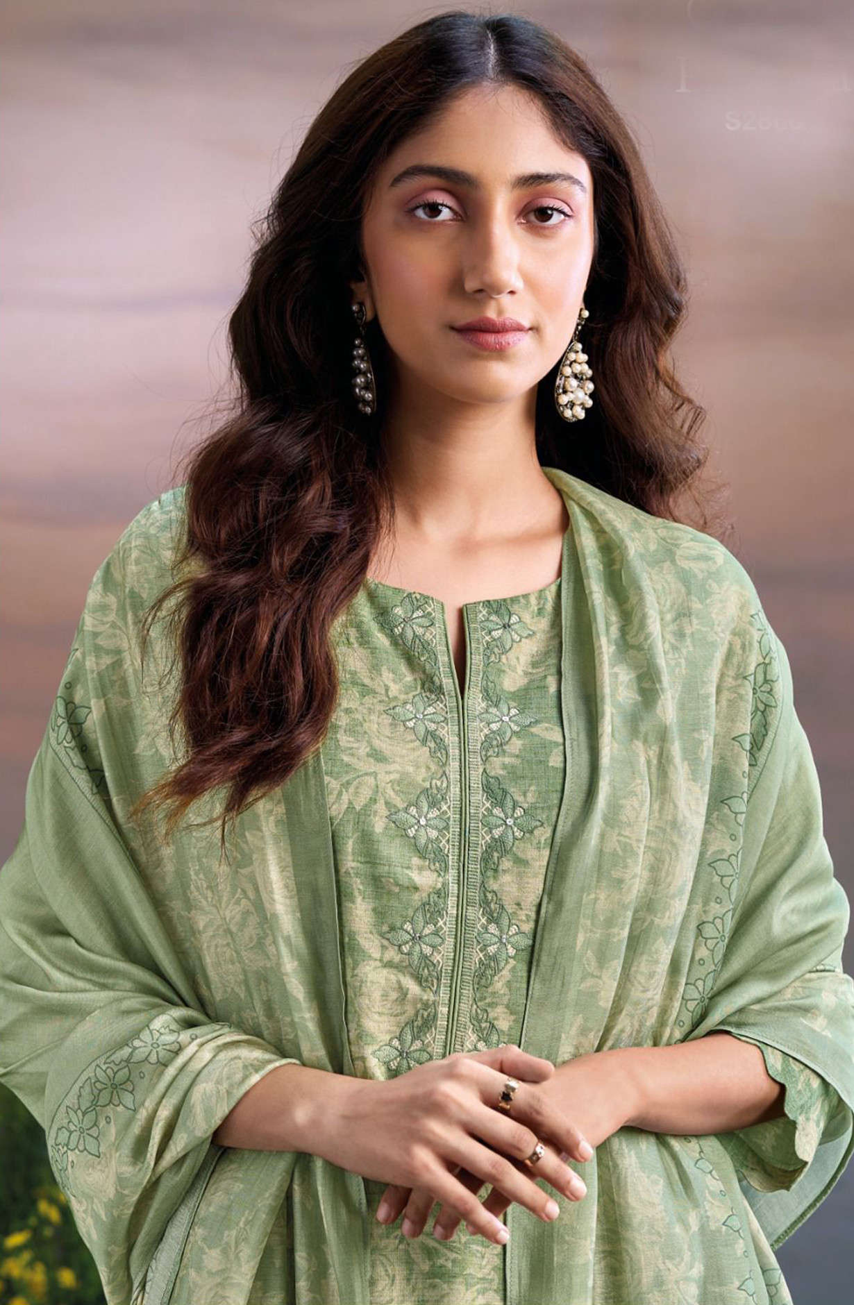 Green Linen Cotton Suit Set with Muslin Dupatta - PRAS2868C