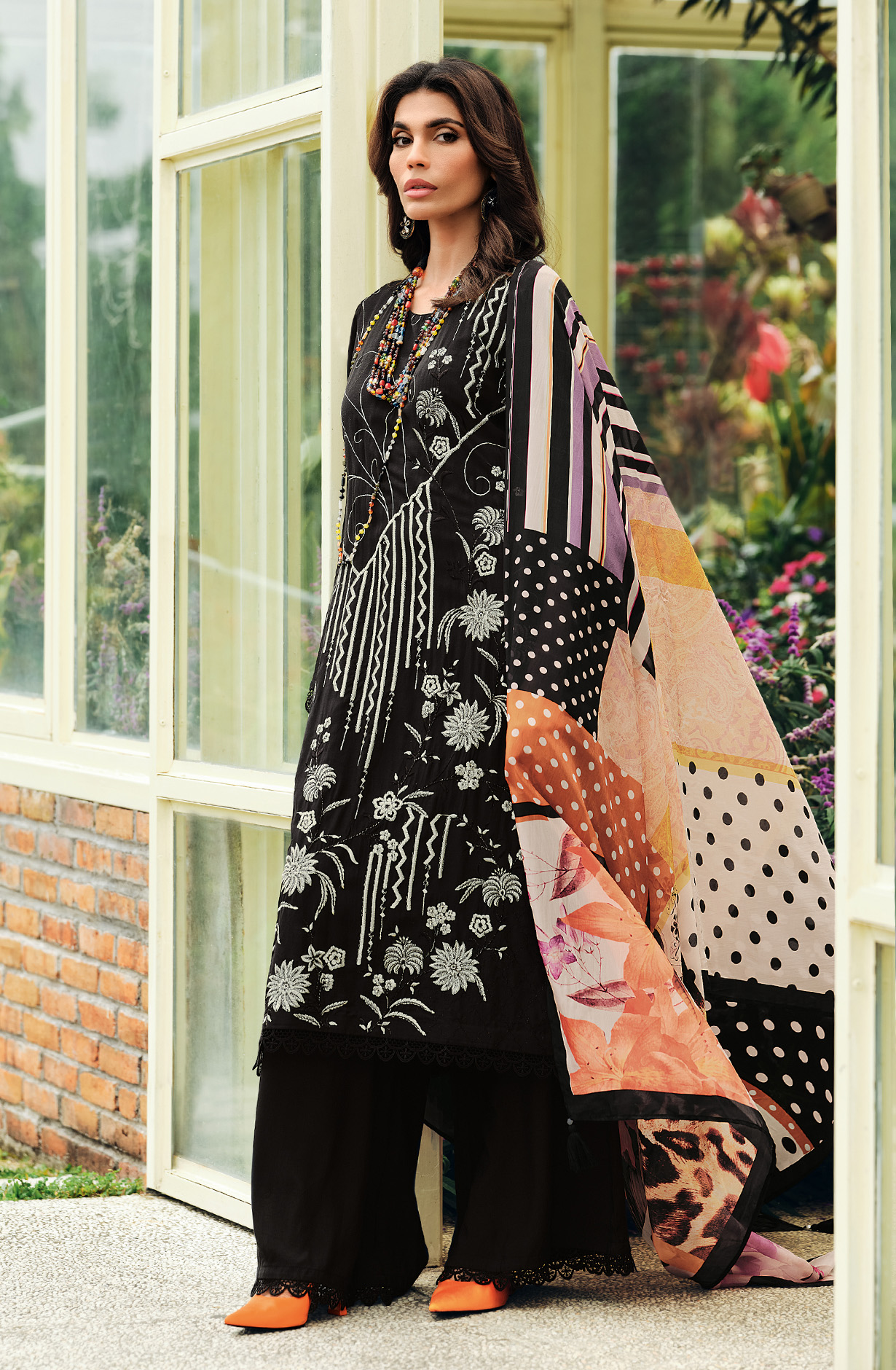 Black Festive Wear Muslin Embroidered Suit with Satin Silk Dupatta - PRIN03