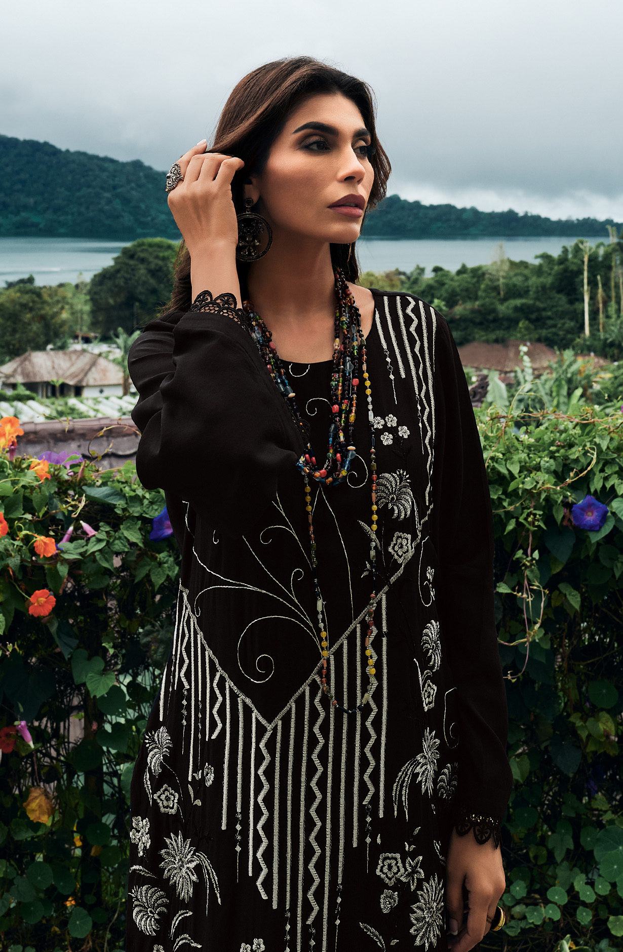 Black Festive Wear Muslin Embroidered Suit with Satin Silk Dupatta - PRIN03