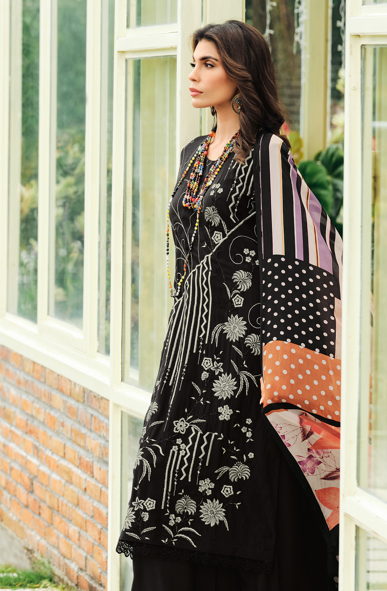 Black Festive Wear Muslin Embroidered Suit with Satin Silk Dupatta - PRIN03