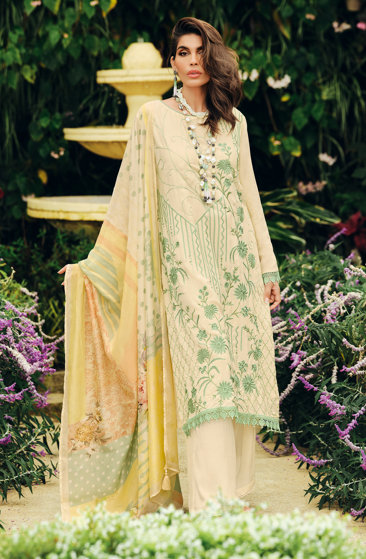 Cream Festive Wear Muslin Embroidered Suit with Satin Silk Dupatta - PRIN04