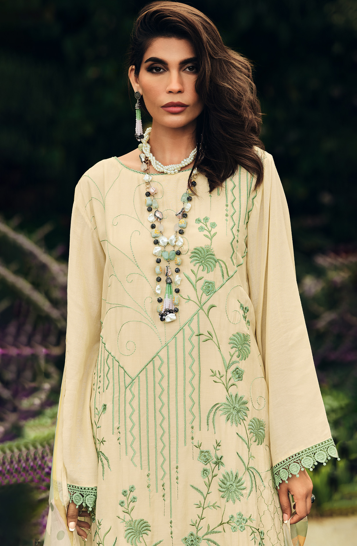 Cream Festive Wear Muslin Embroidered Suit with Satin Silk Dupatta - PRIN04