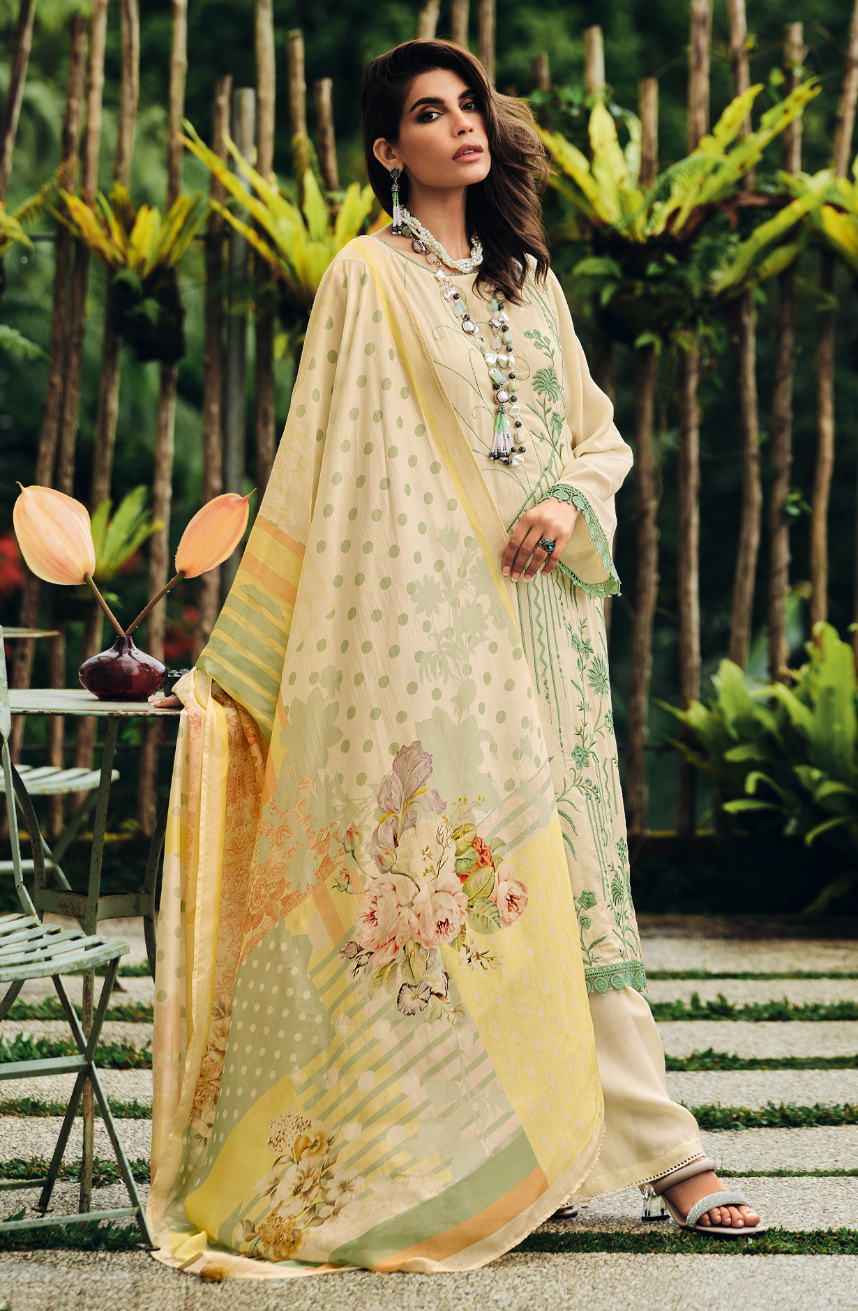 Cream Festive Wear Muslin Embroidered Suit with Satin Silk Dupatta - PRIN04