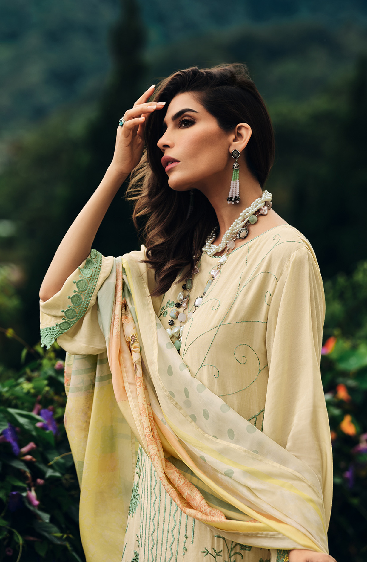 Cream Festive Wear Muslin Embroidered Suit with Satin Silk Dupatta - PRIN04