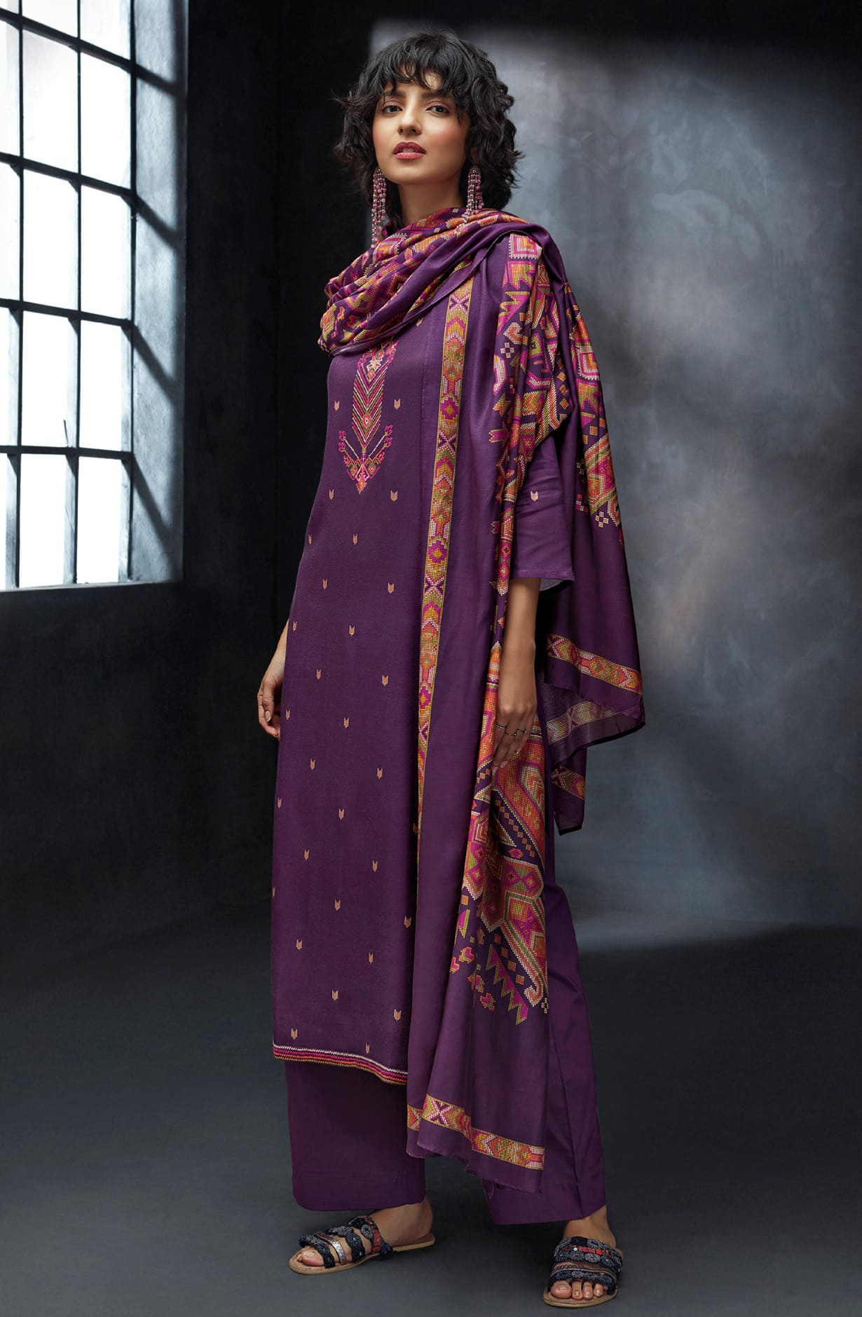 Purple Spun Winterwear Printed Unstitched Salwar Kameez - KEYS1216C