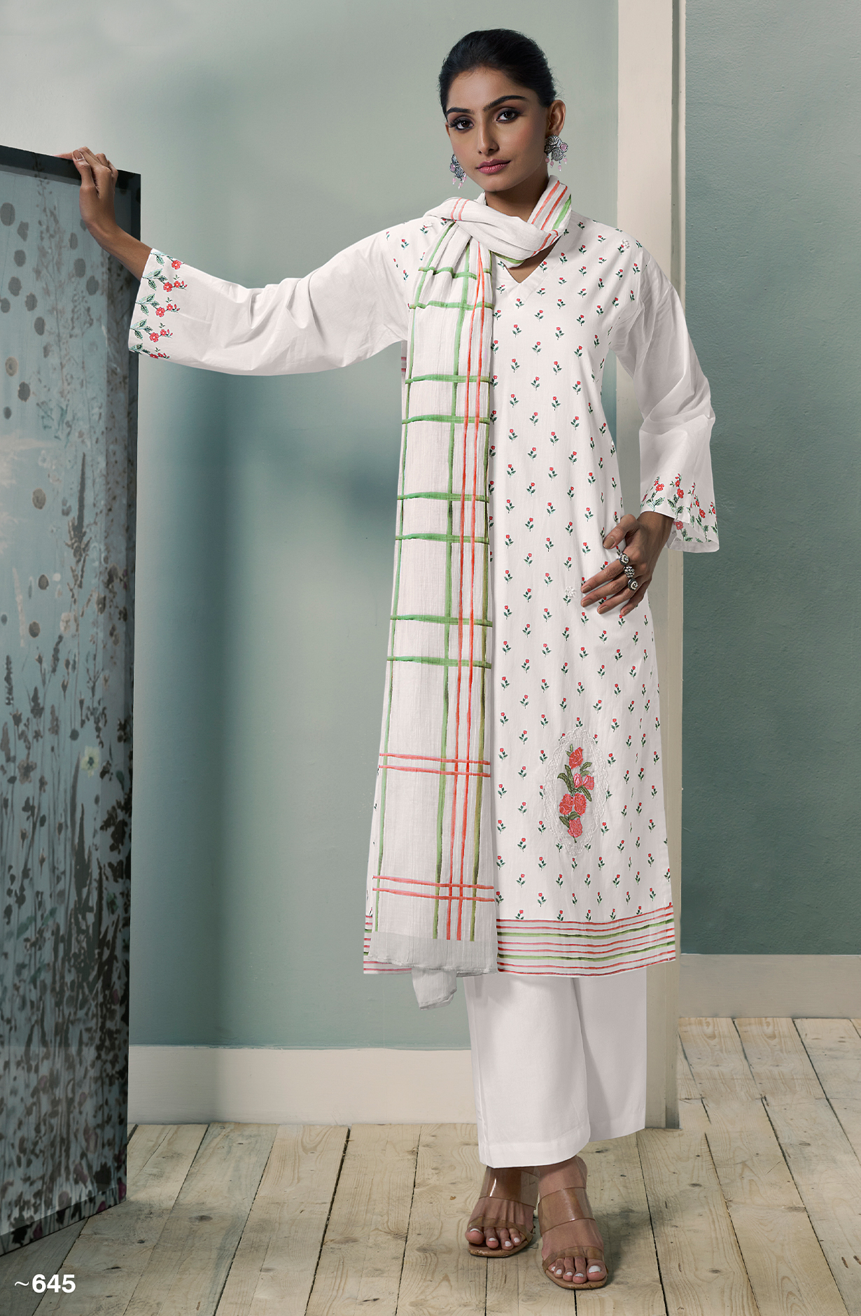 White Cotton Lawn Digital Printed Unstitched Suit with Embroidery Work - PUS645