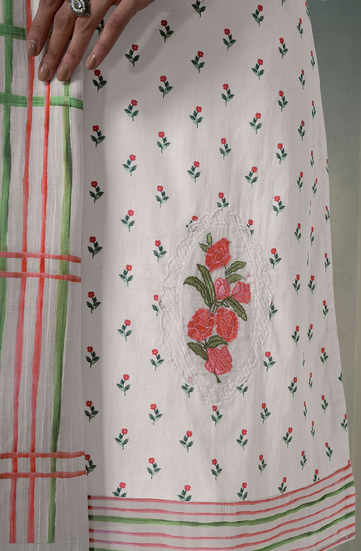 White Cotton Lawn Digital Printed Unstitched Suit with Embroidery Work - PUS645