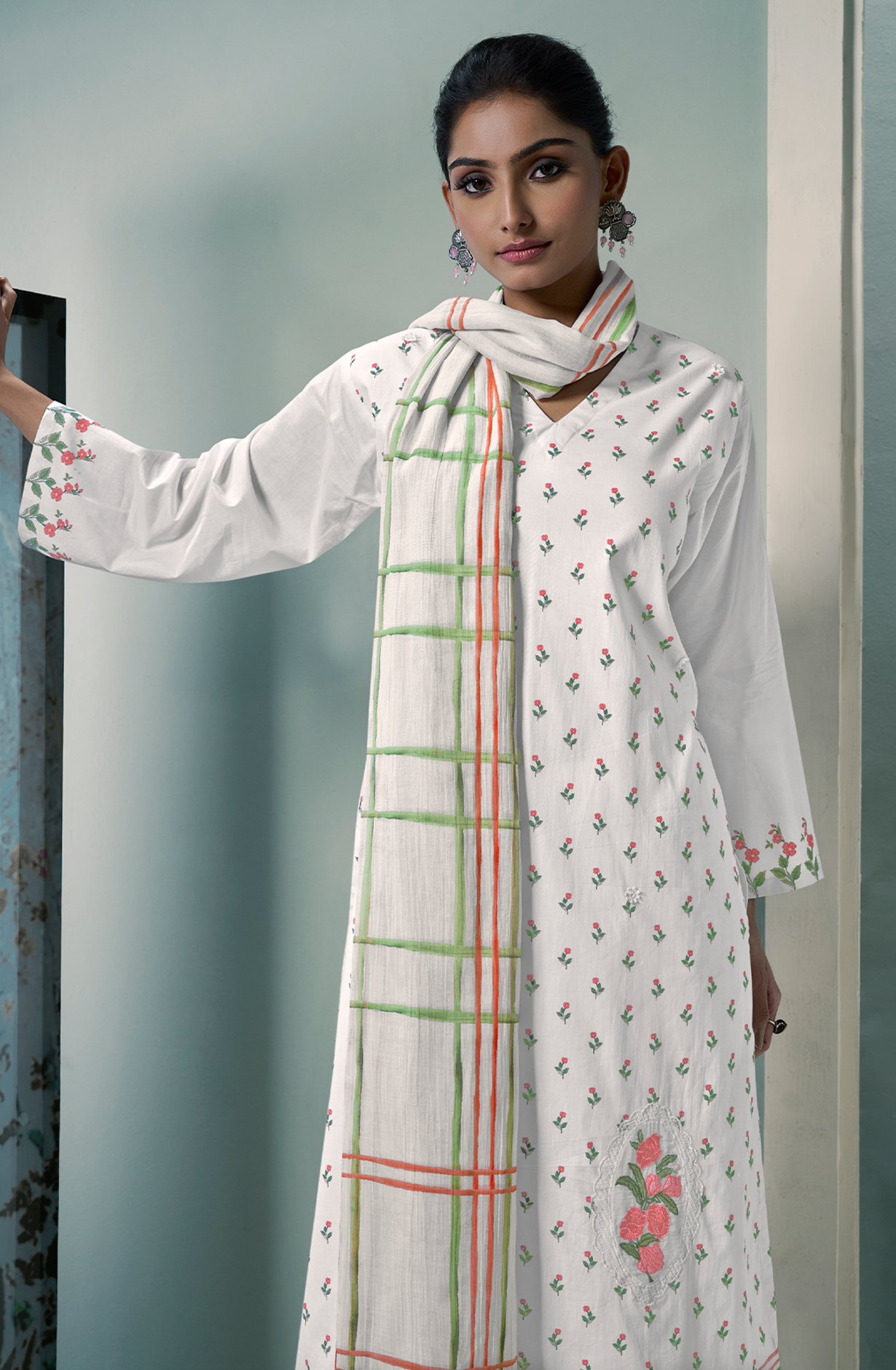 White Cotton Lawn Digital Printed Unstitched Suit with Embroidery Work - PUS645