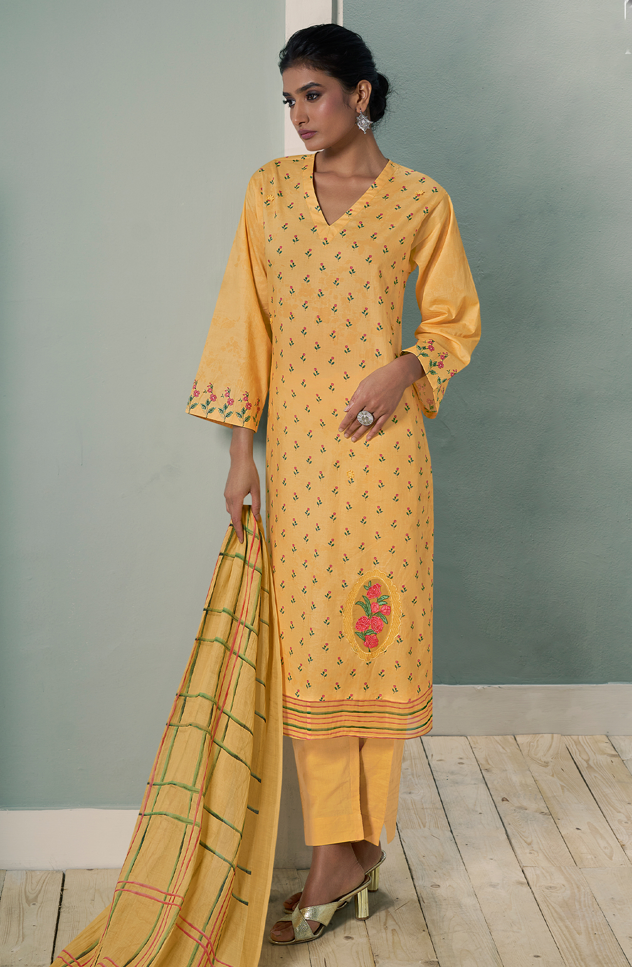 Mustard Yellow Cotton Lawn Digital Printed Unstitched Suit with Embroidery Work - PUS655